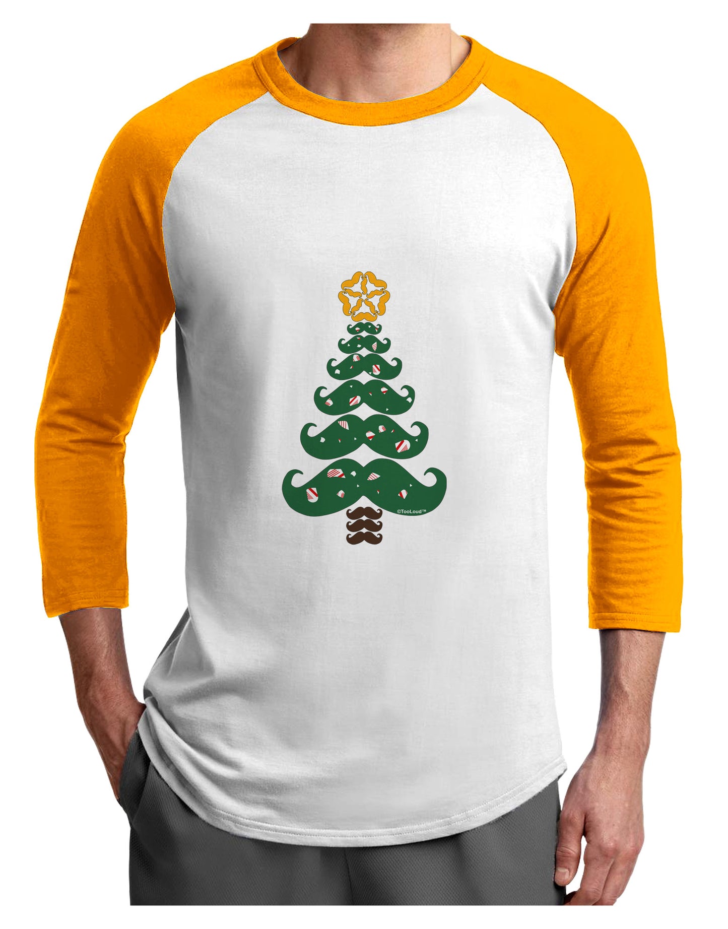 Mustache Christmas Tree Adult Raglan Shirt-TooLoud-White-Gold-X-Small-Davson Sales