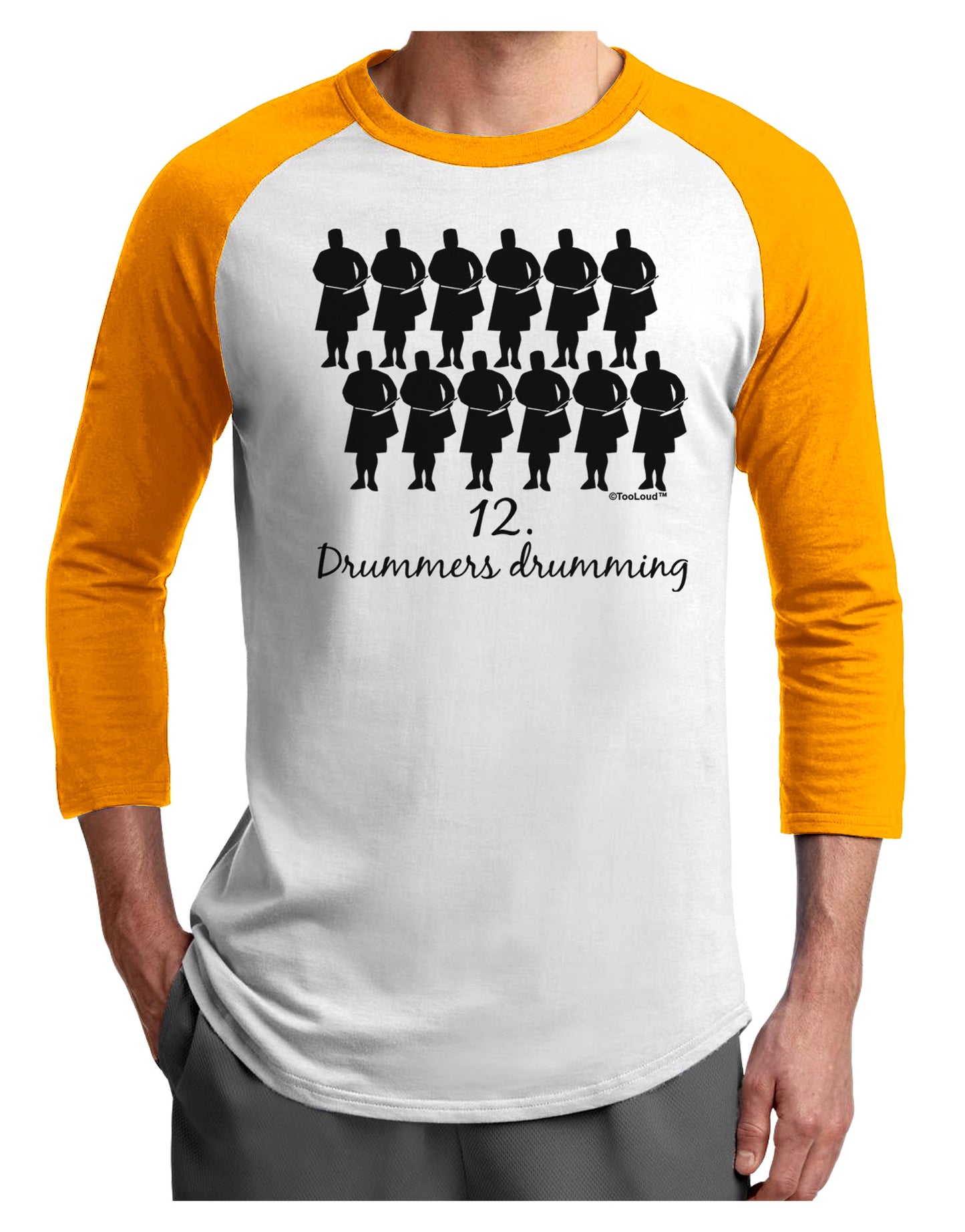 Twelve Drummers Drumming Text Adult Raglan Shirt-TooLoud-White-Gold-X-Small-Davson Sales