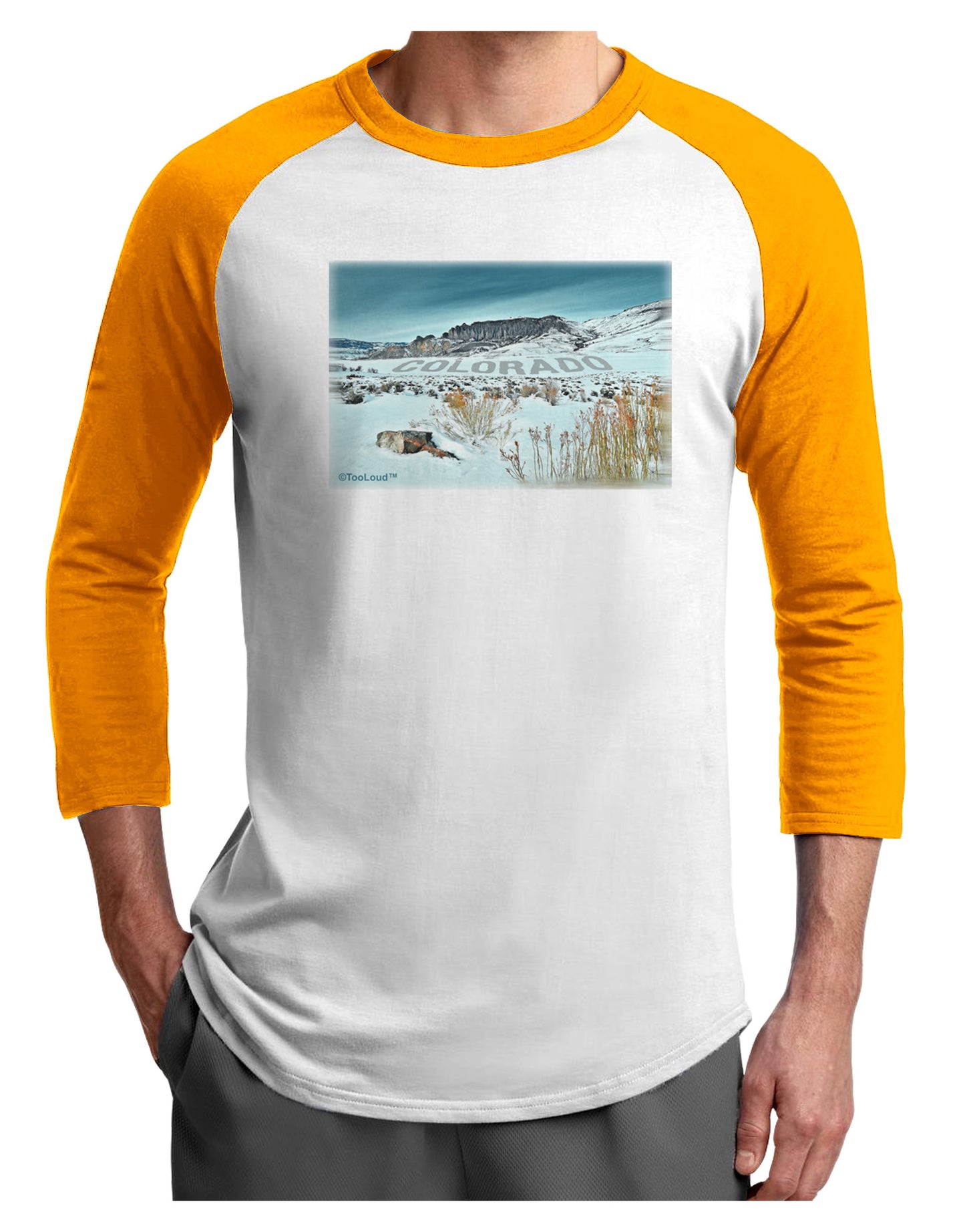 CO Snow Scene Text Adult Raglan Shirt-Raglan Shirt-TooLoud-White-Gold-X-Small-Davson Sales
