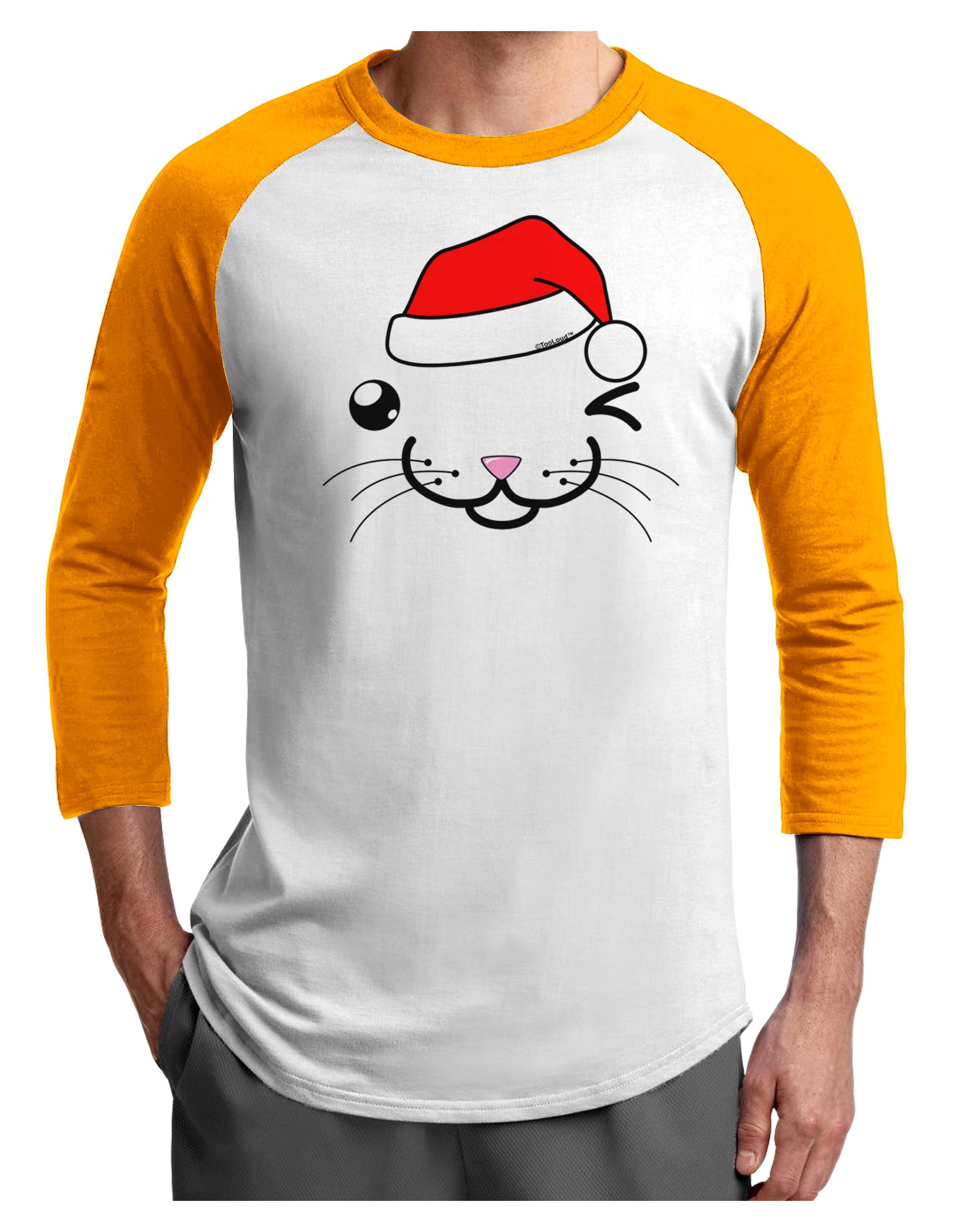 Kyu-T Face Kattio Santa Hat Boy Cat Adult Raglan Shirt-TooLoud-White-Gold-X-Small-Davson Sales