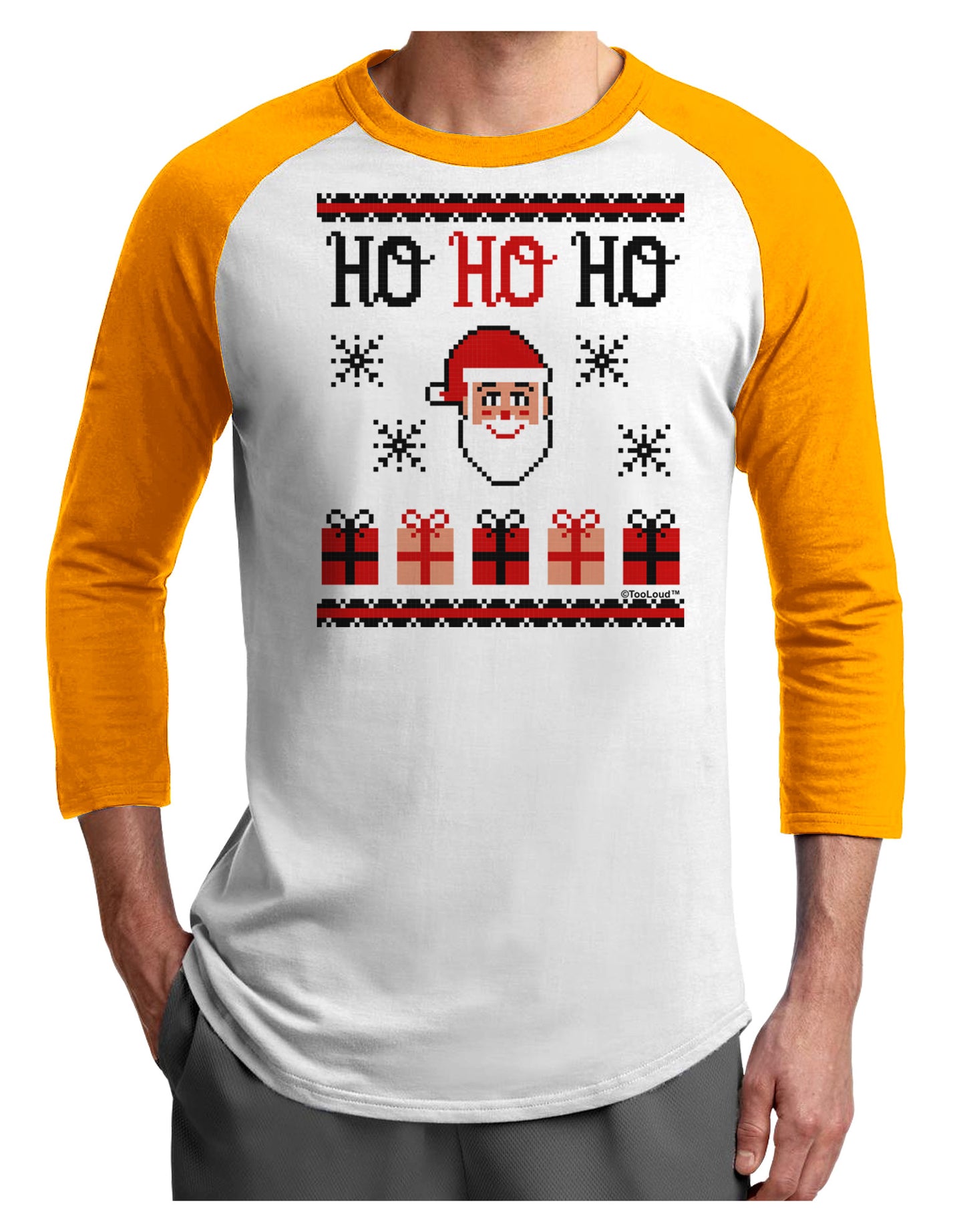 Ho Ho Ho Ugly Christmas Sweater Adult Raglan Shirt-Raglan Shirt-TooLoud-White-Gold-X-Small-Davson Sales