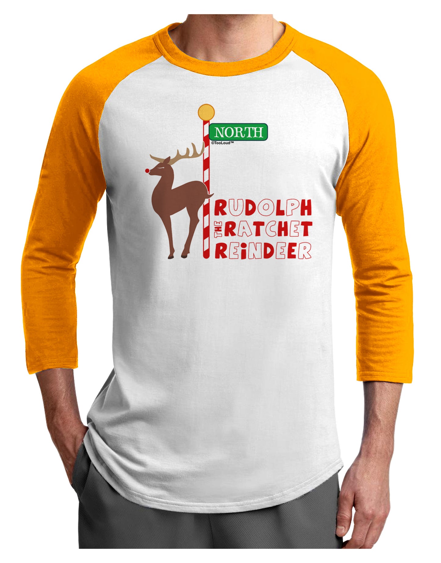 Rudolf Ratchet Reindeer Color Text Adult Raglan Shirt-TooLoud-White-Gold-X-Small-Davson Sales