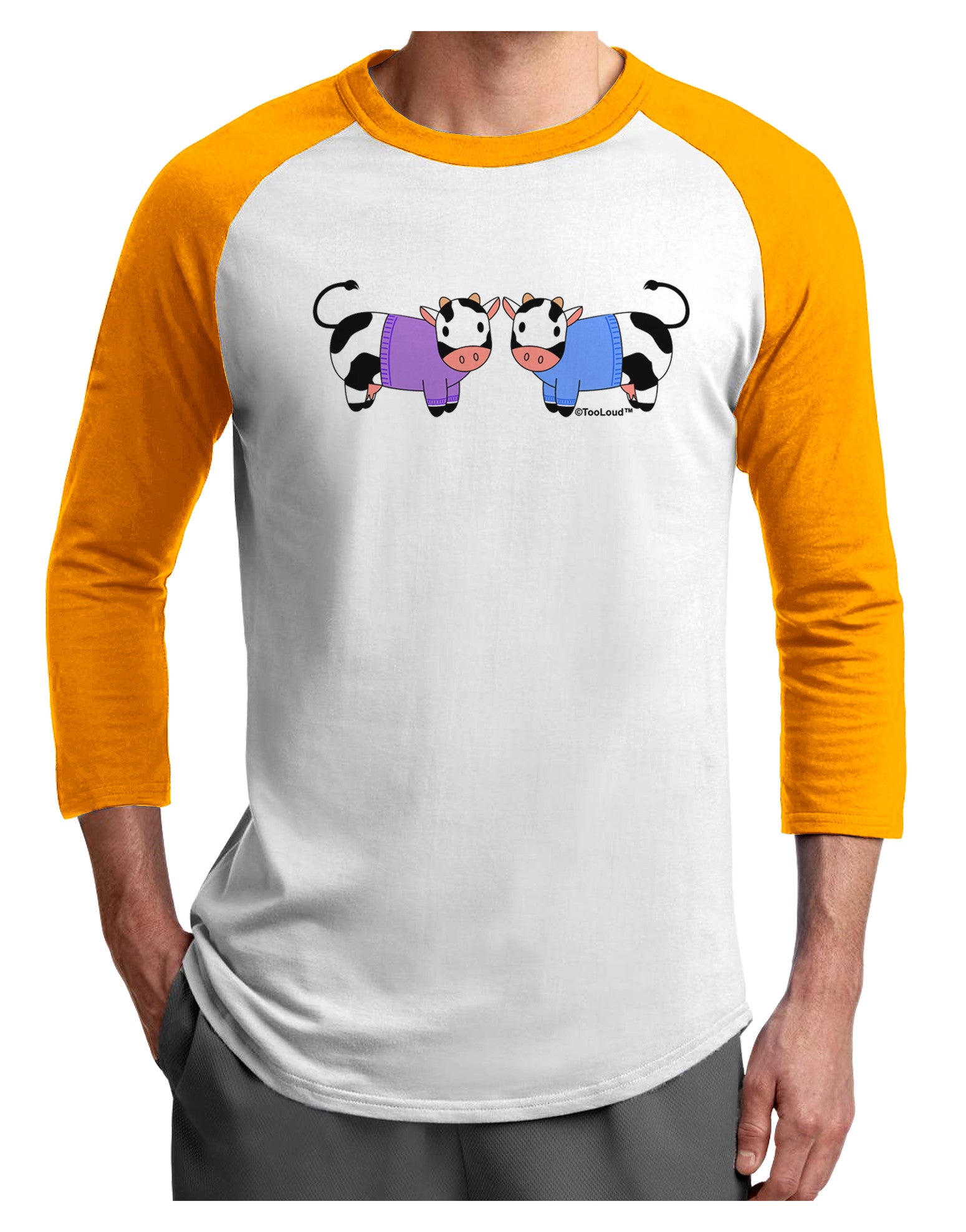 Cute Pair of Sweater Cows Adult Raglan Shirt-TooLoud-White-Gold-X-Small-Davson Sales