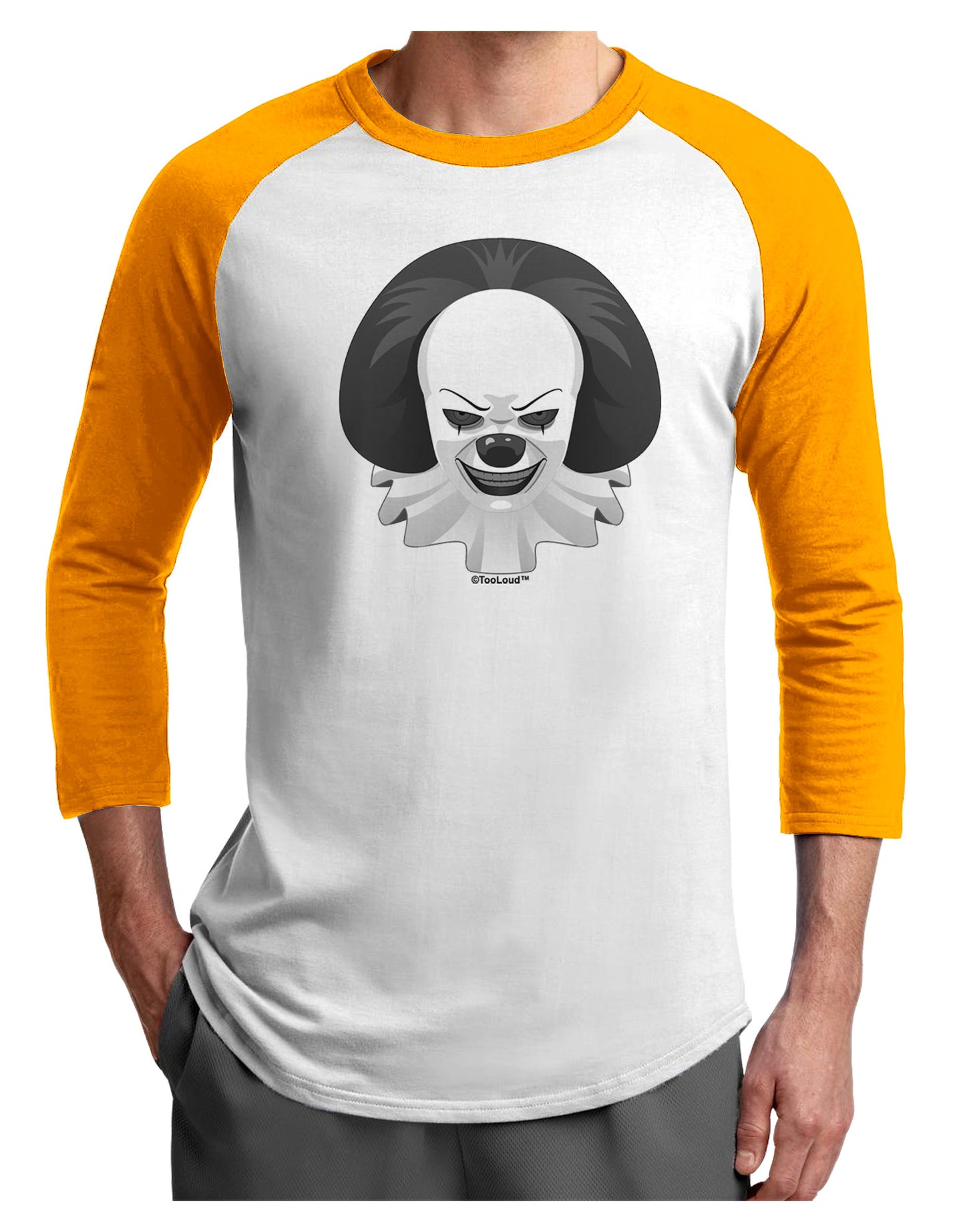Scary Clown Grayscale Adult Raglan Shirt-TooLoud-White-Gold-X-Small-Davson Sales