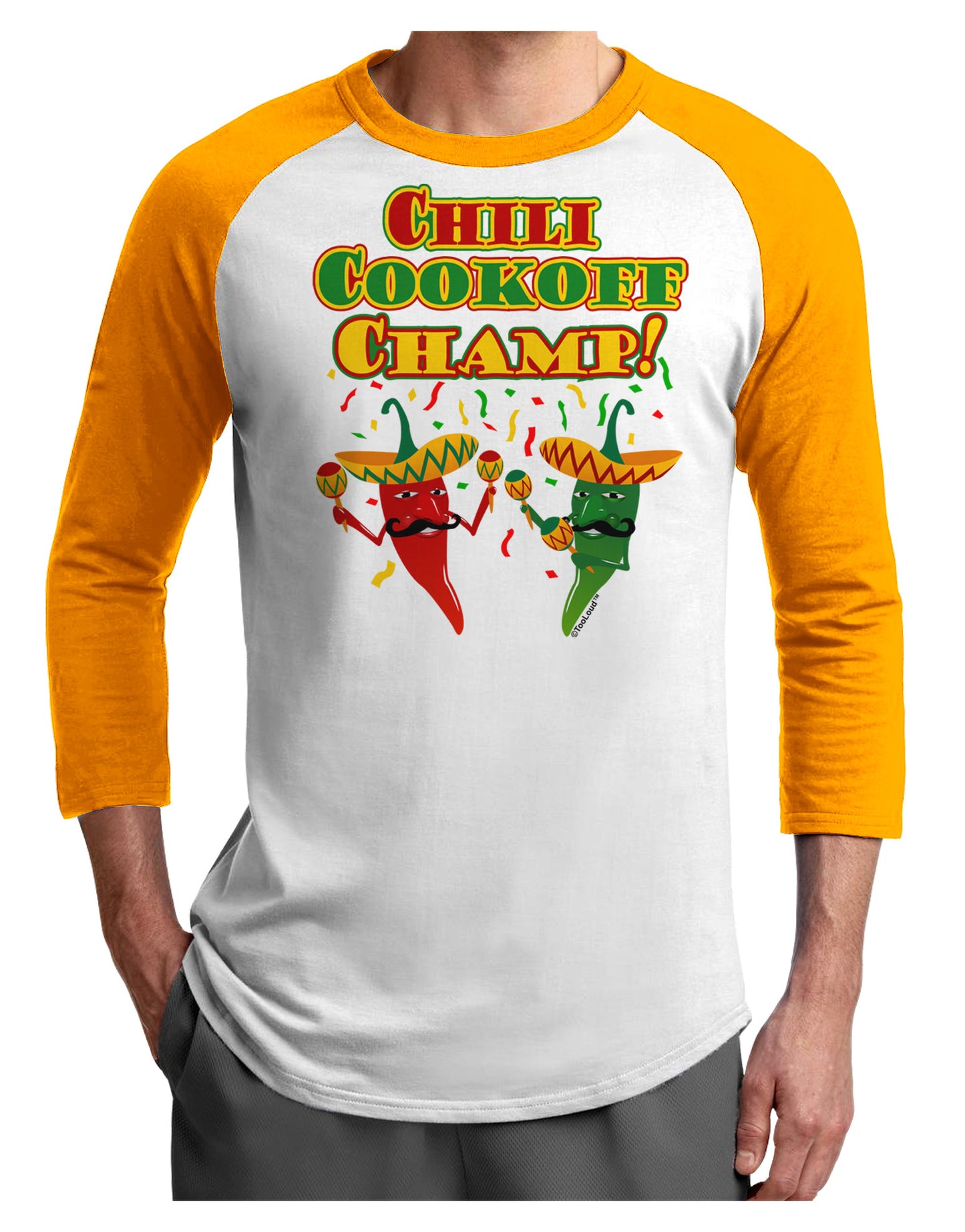 Chili Cookoff Champ! Chile Peppers Adult Raglan Shirt-TooLoud-White-Gold-X-Small-Davson Sales