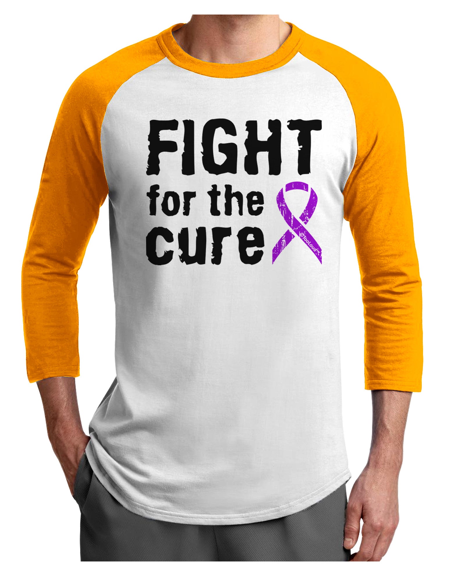 Fight for the Cure - Purple Ribbon Alzheimers Disease Adult Raglan Shirt-TooLoud-White-Gold-X-Small-Davson Sales
