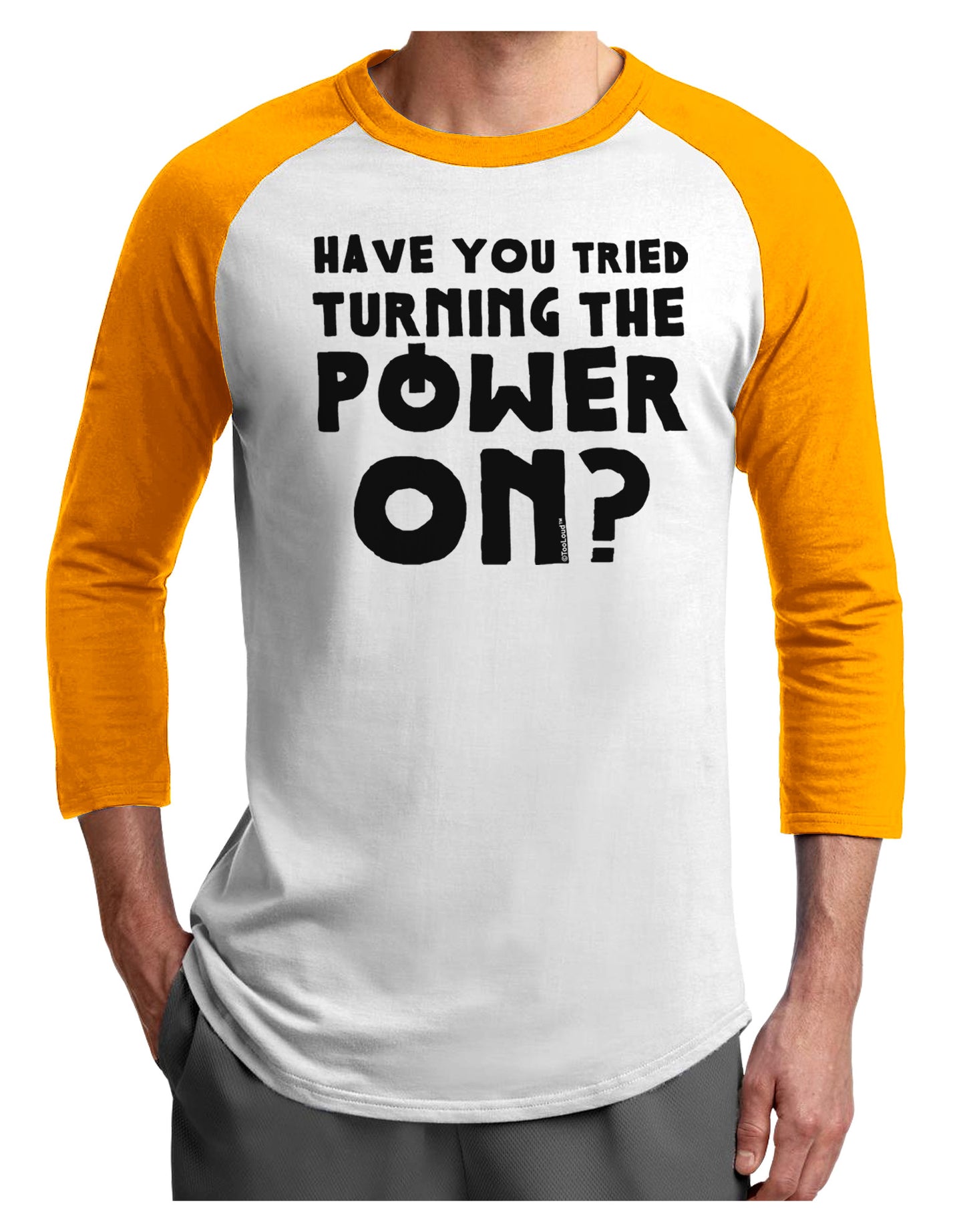 Turning the Power On Adult Raglan Shirt-TooLoud-White-Gold-X-Small-Davson Sales
