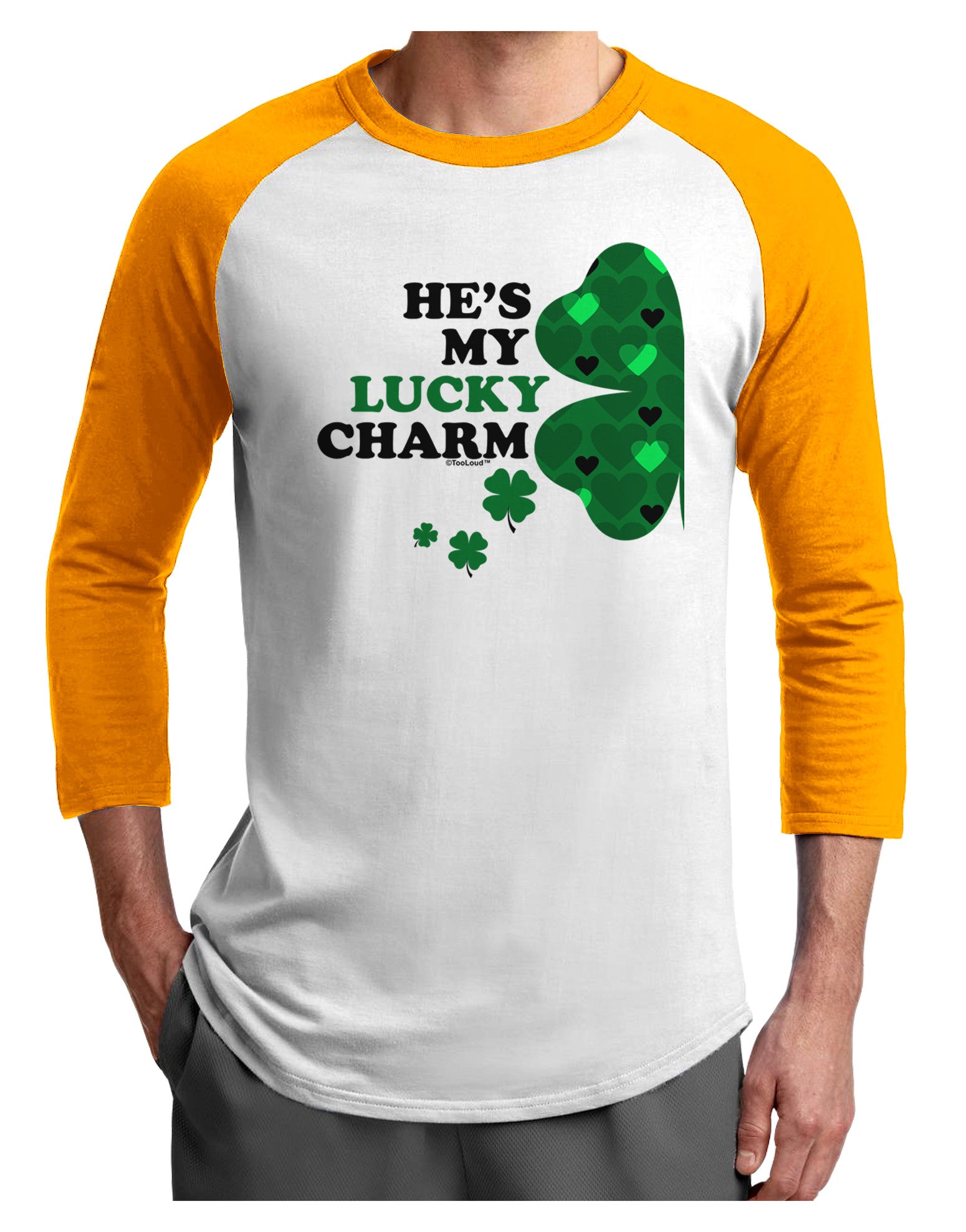 He's My Lucky Charm - Left Adult Raglan Shirt-Raglan Shirt-TooLoud-White-Gold-X-Small-Davson Sales