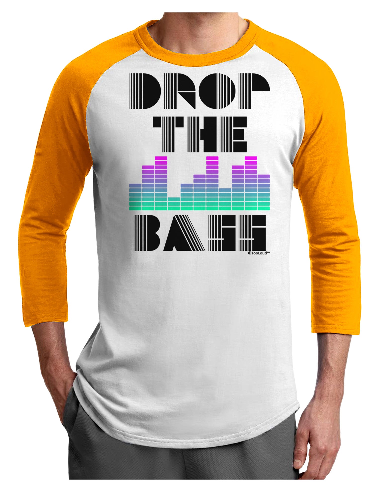 Drop the Bass Adult Raglan Shirt-TooLoud-White-Gold-X-Small-Davson Sales