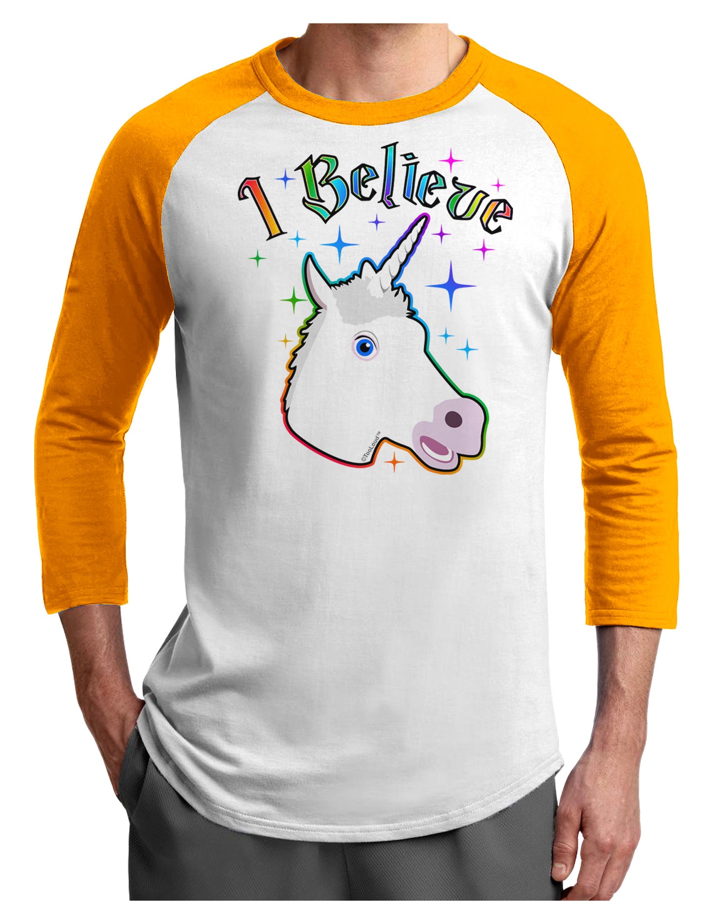 I Believe in Unicorns Adult Raglan Shirt-Raglan Shirt-TooLoud-White-Gold-X-Small-Davson Sales