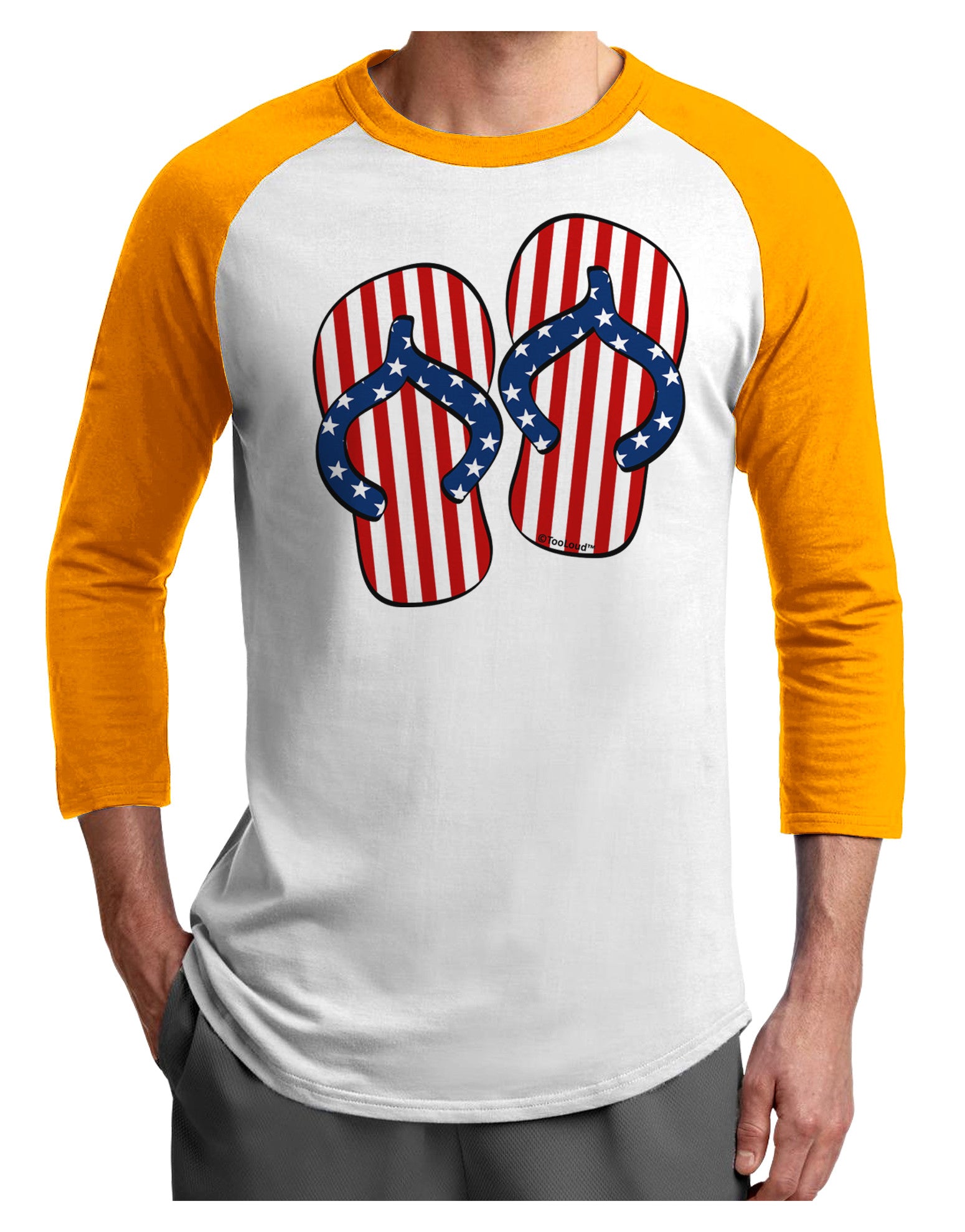 Stars and Stripes Flip Flops Adult Raglan Shirt-TooLoud-White-Gold-X-Small-Davson Sales