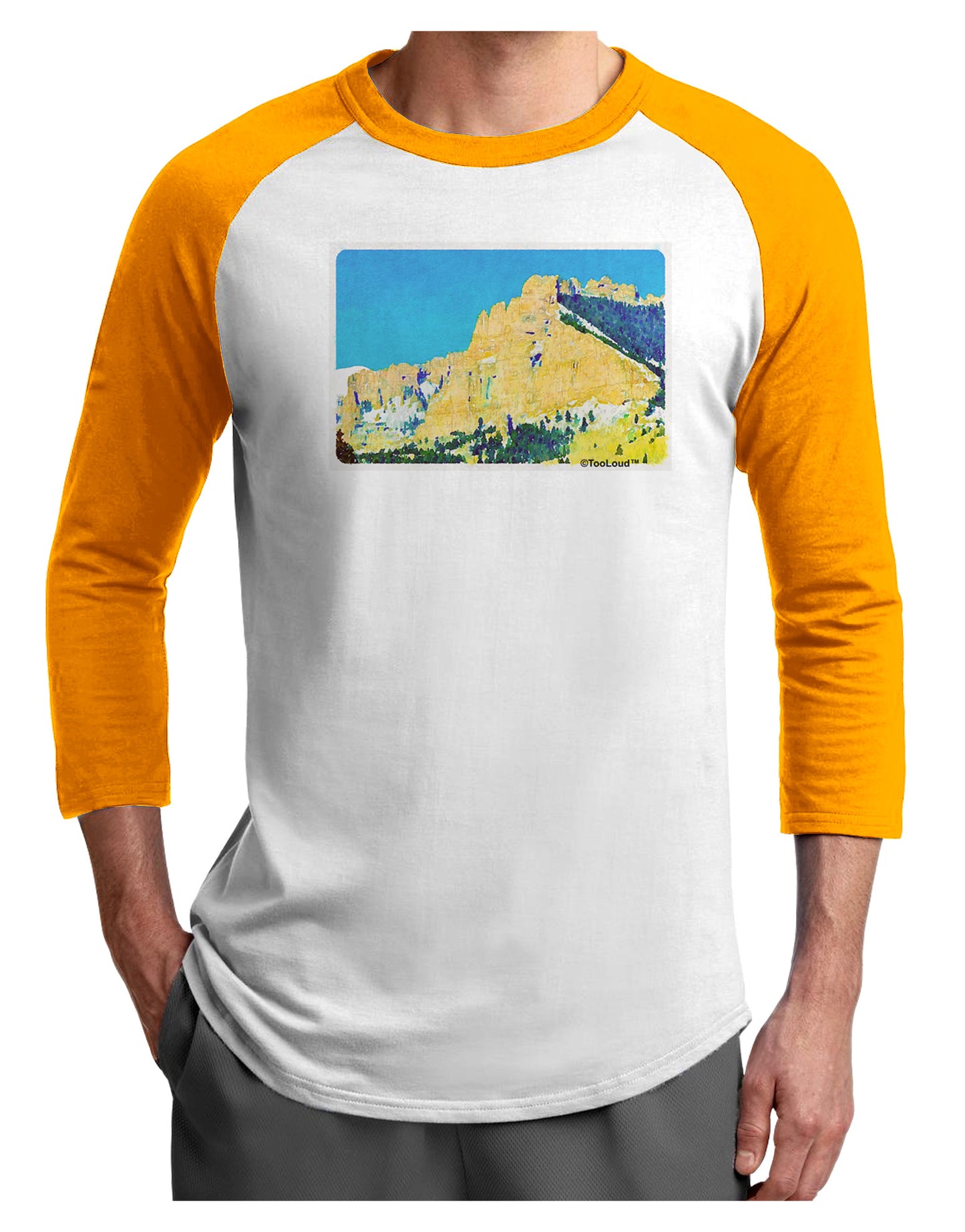 Colorado Snowy Mtns WaterColor Adult Raglan Shirt-Raglan Shirt-TooLoud-White-Gold-X-Small-Davson Sales