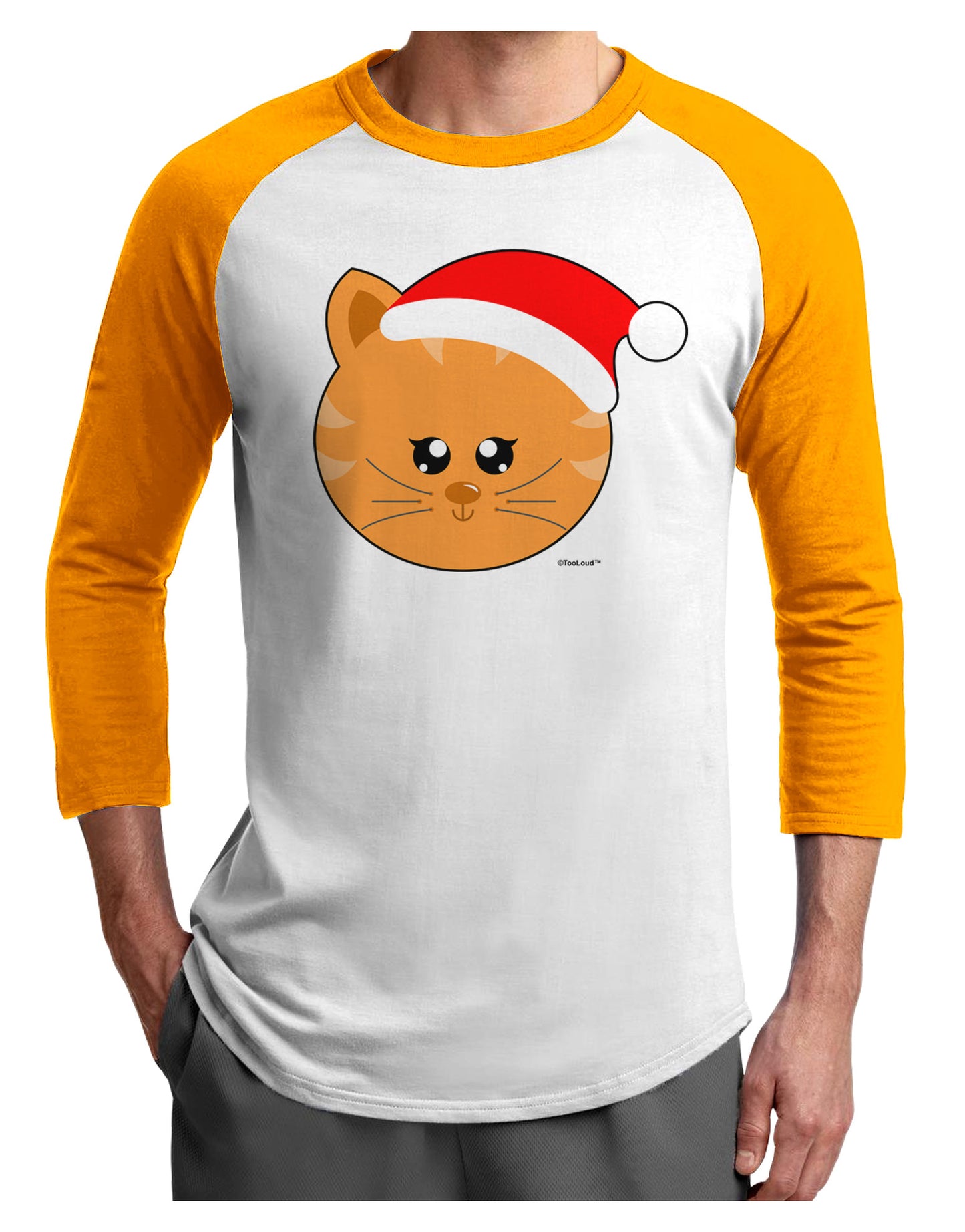 Cute Christmas Cat Santa Hat Adult Raglan Shirt-TooLoud-White-Gold-X-Small-Davson Sales
