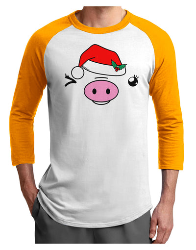 Kyu-T Face Oinkette Santa Hat Girl Pig Adult Raglan Shirt-TooLoud-White-Gold-X-Small-Davson Sales