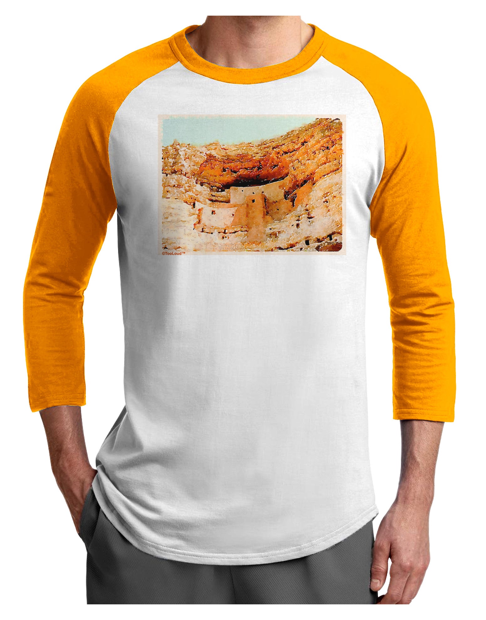 Montezuma Castle Watercolor Adult Raglan Shirt-TooLoud-White-Gold-X-Small-Davson Sales