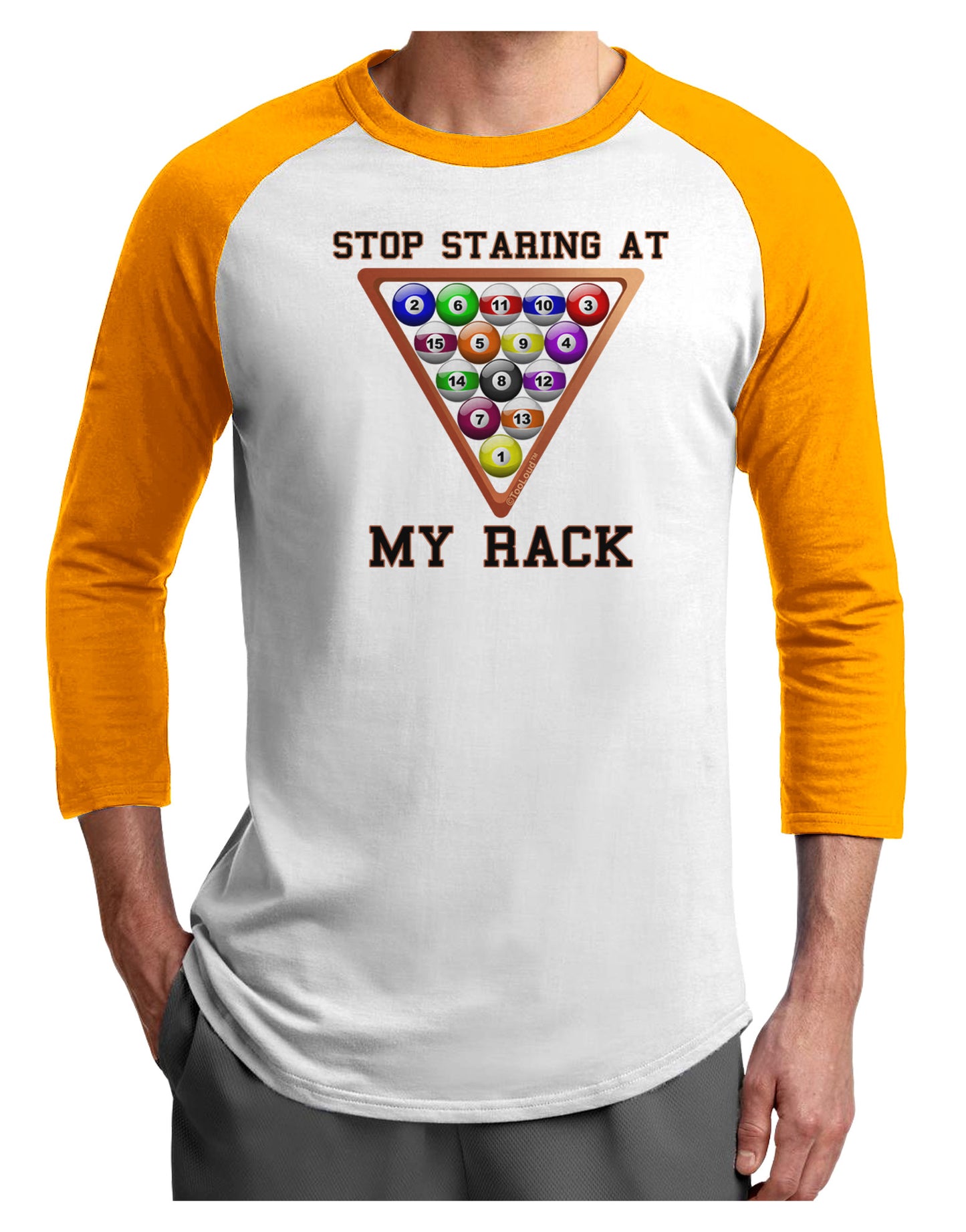Stop Staring At My Rack - Pool Adult Raglan Shirt-Raglan Shirt-TooLoud-White-Gold-X-Small-Davson Sales