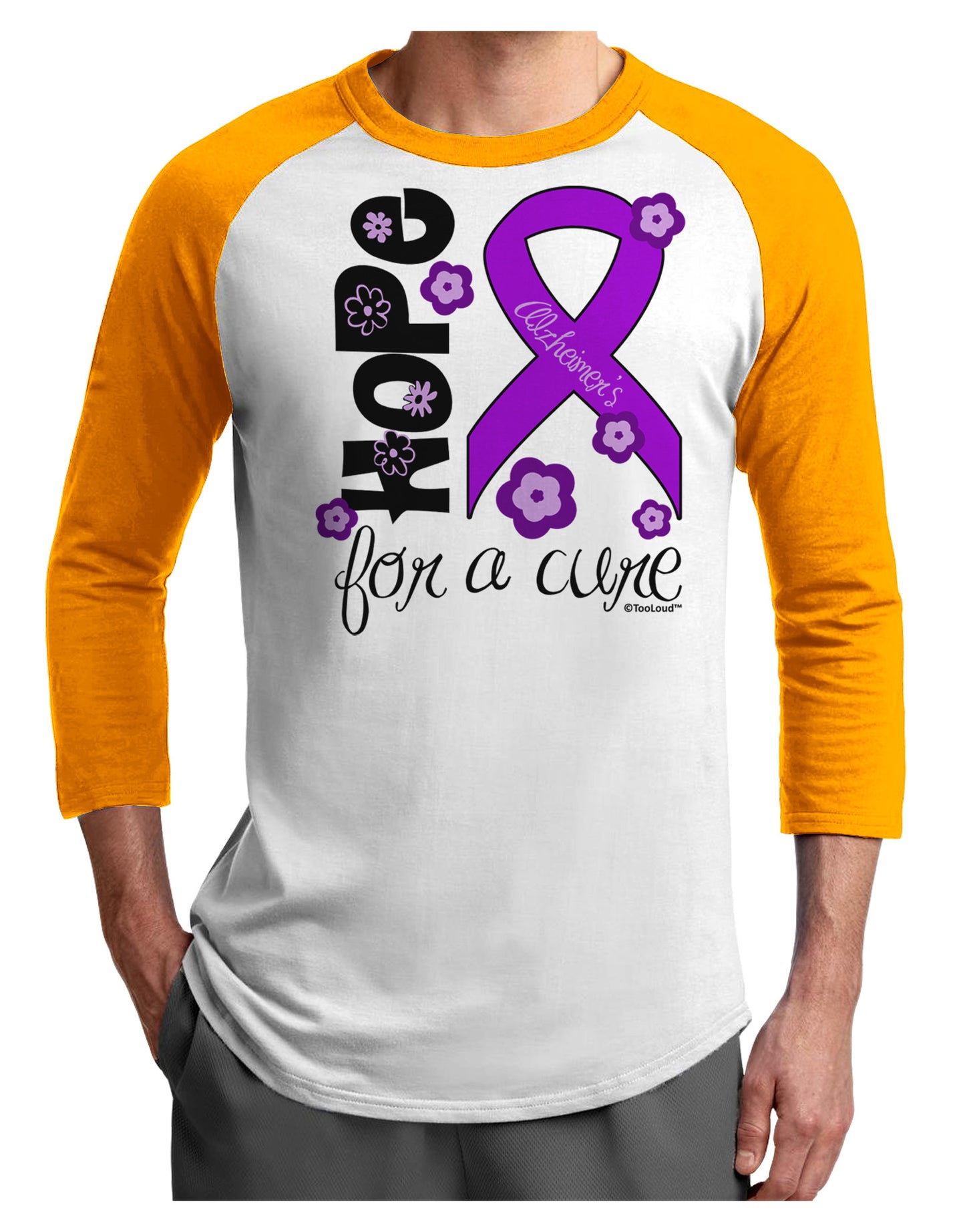 Hope for a Cure - Purple Ribbon Alzheimers Disease - Flowers Adult Raglan Shirt-TooLoud-White-Gold-X-Small-Davson Sales
