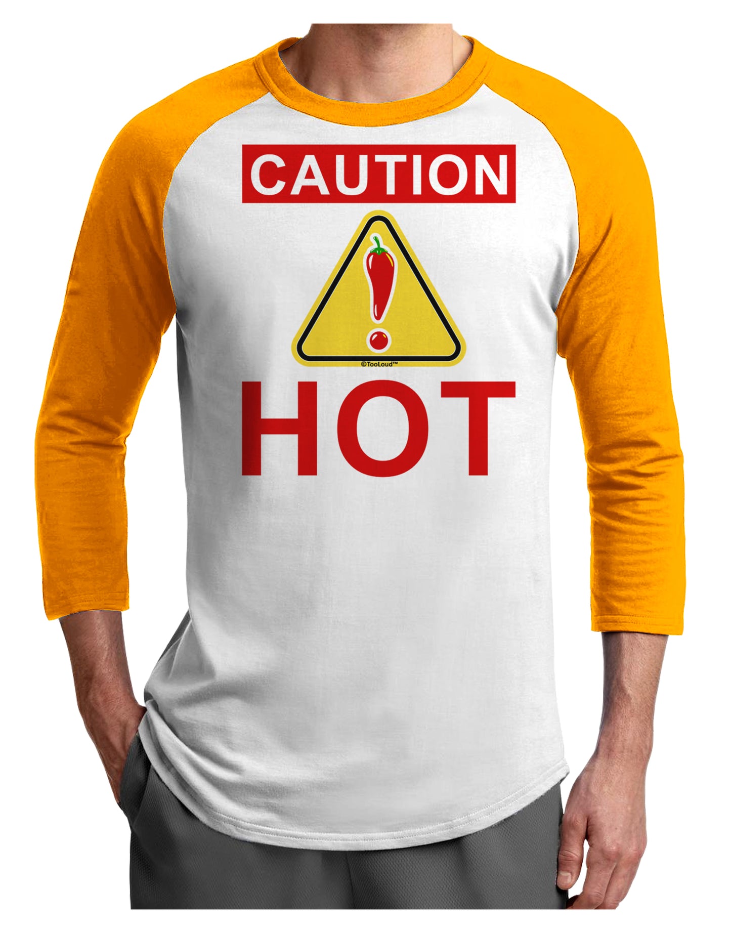 Caution Hot Chili Pepper Sign Adult Raglan Shirt-Raglan Shirt-TooLoud-White-Gold-X-Small-Davson Sales