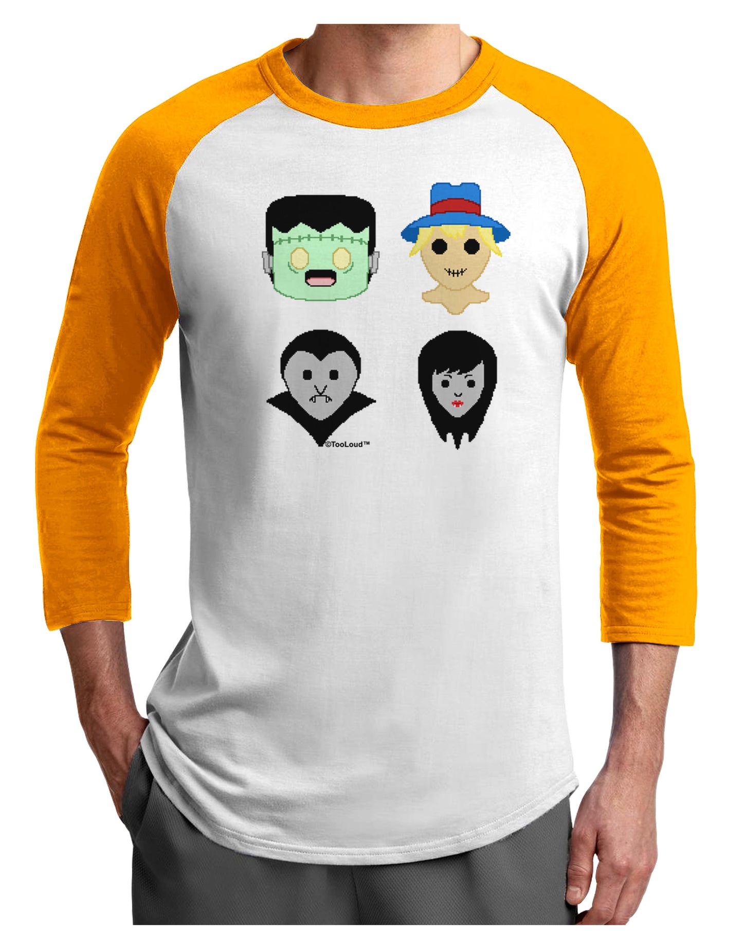 Cute Pixel Monsters Adult Raglan Shirt-TooLoud-White-Gold-X-Small-Davson Sales