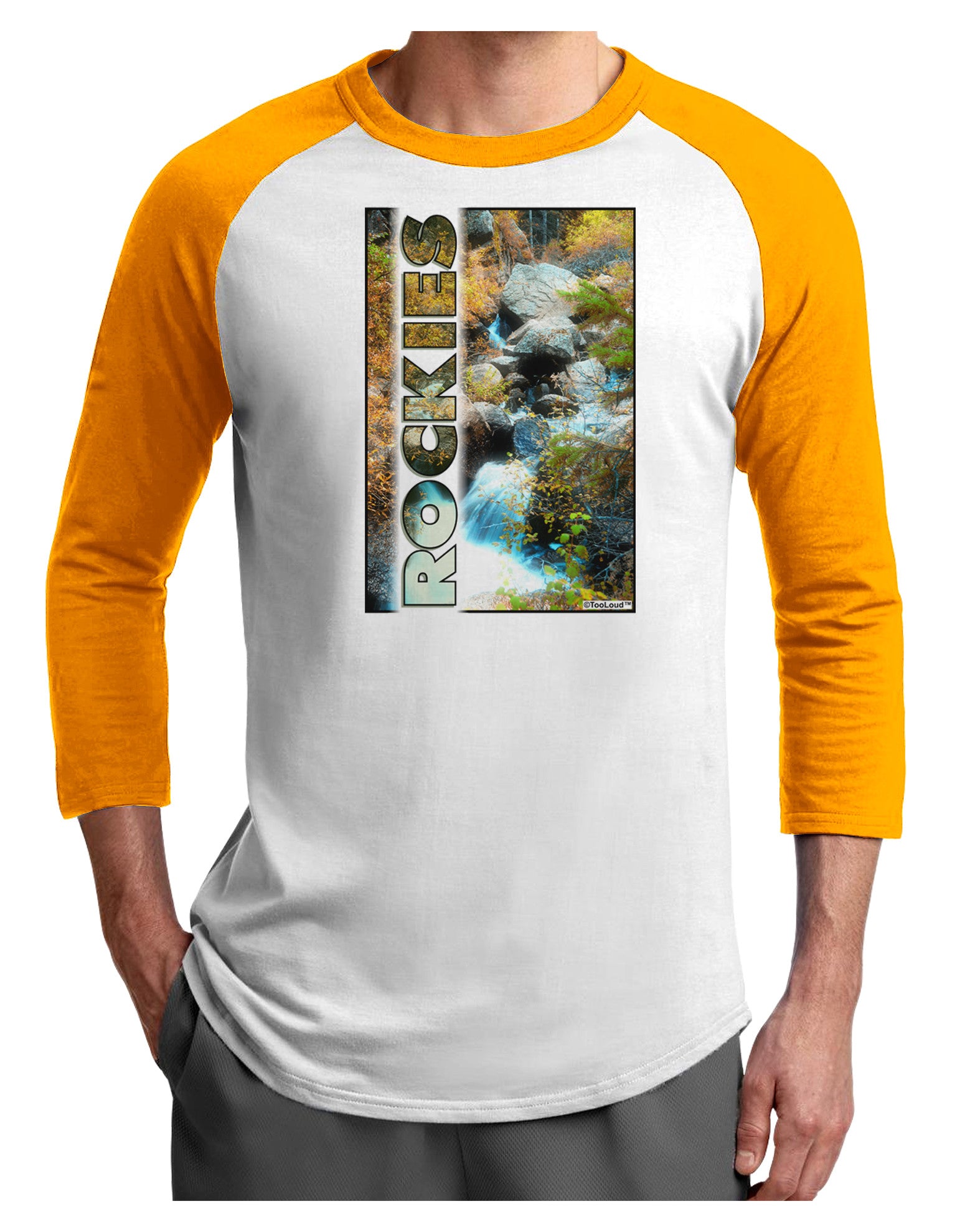 Rockies Waterfall with Text Adult Raglan Shirt-Raglan Shirt-TooLoud-White-Gold-X-Small-Davson Sales