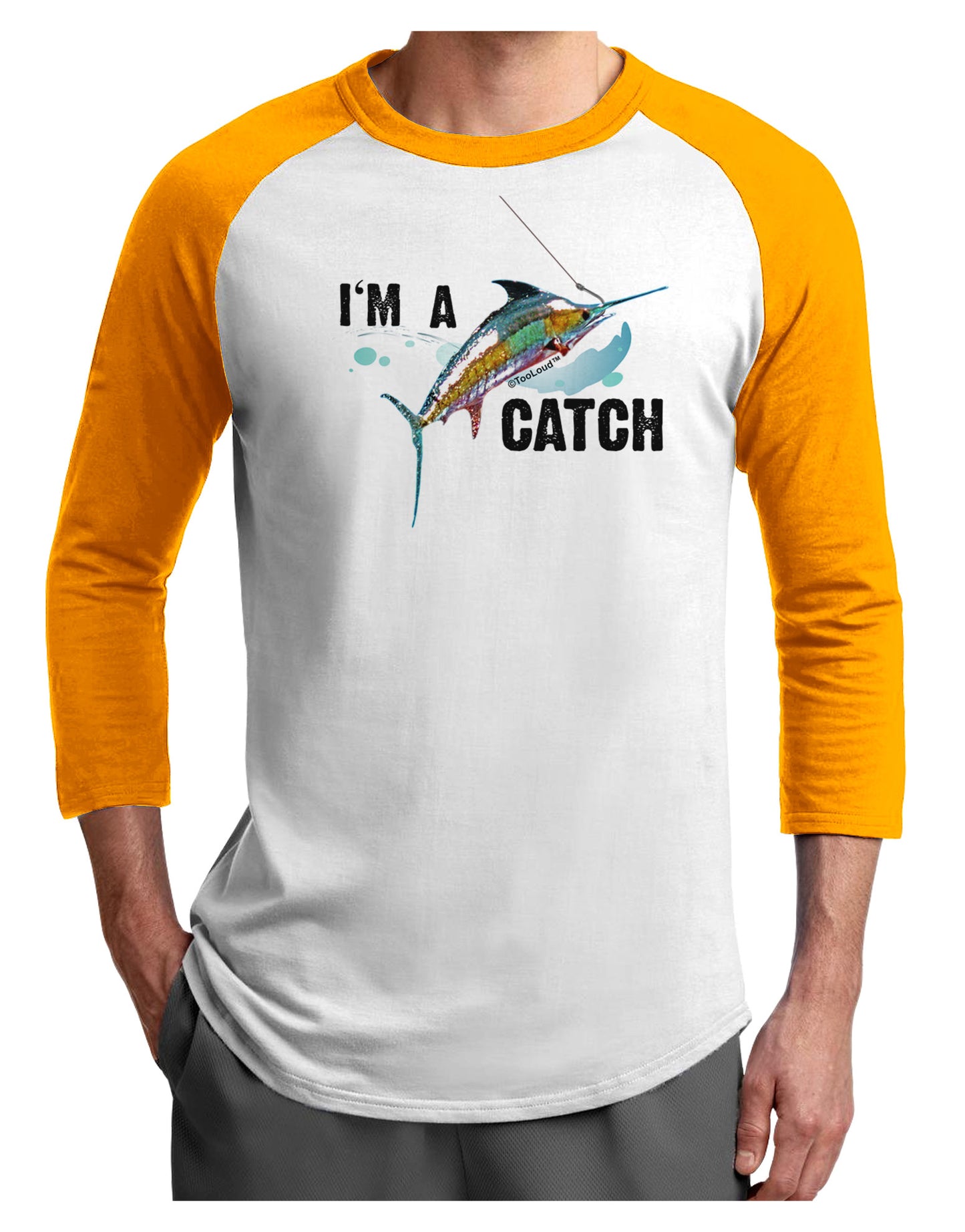 I'm A Catch Swordfish Adult Raglan Shirt-Raglan Shirt-TooLoud-White-Gold-X-Small-Davson Sales
