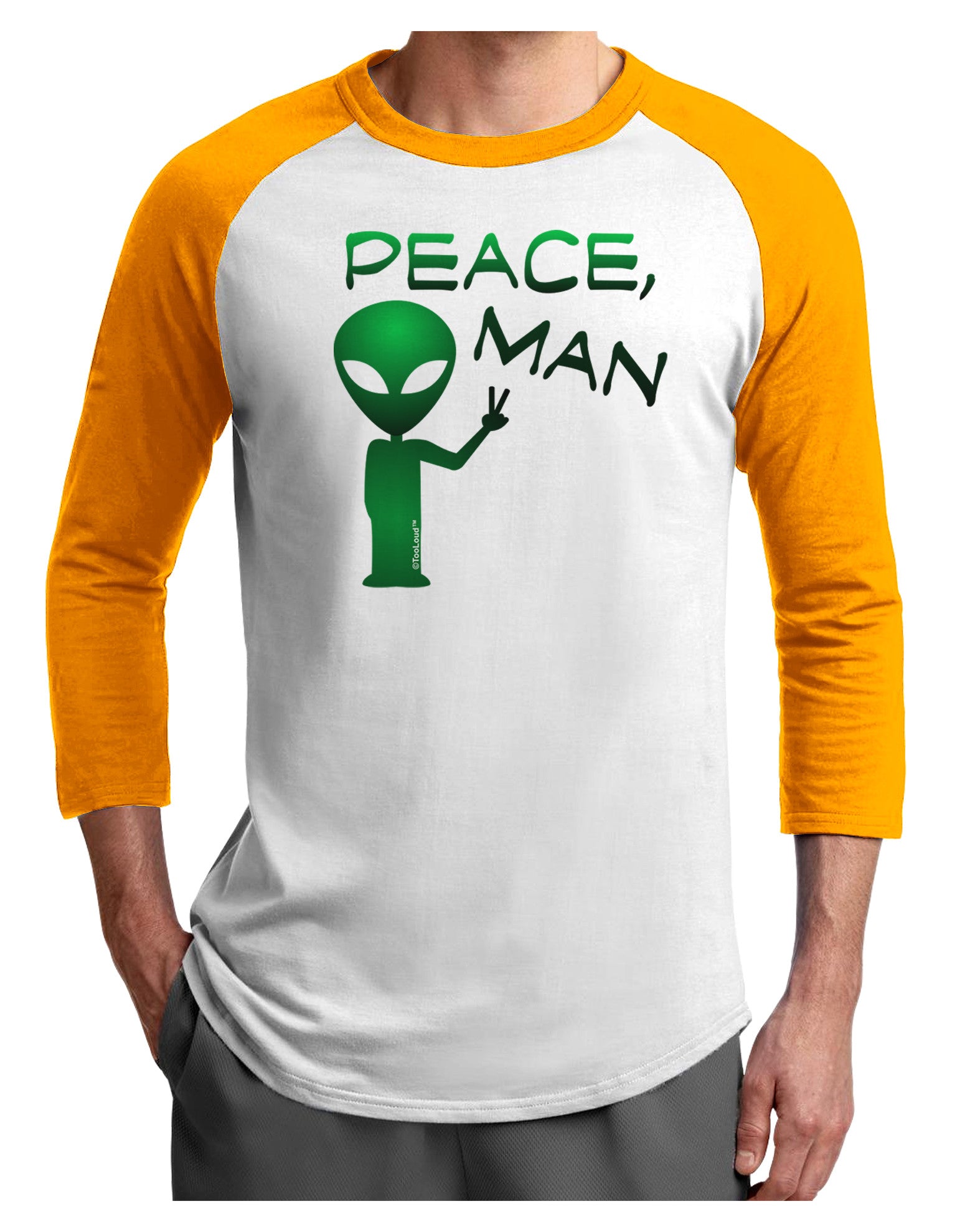 Peace Man Alien Adult Raglan Shirt-TooLoud-White-Gold-X-Small-Davson Sales