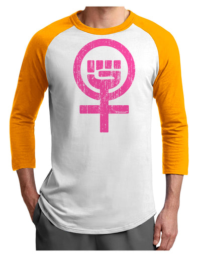 Pink Distressed Feminism Symbol Adult Raglan Shirt-TooLoud-White-Gold-X-Small-Davson Sales