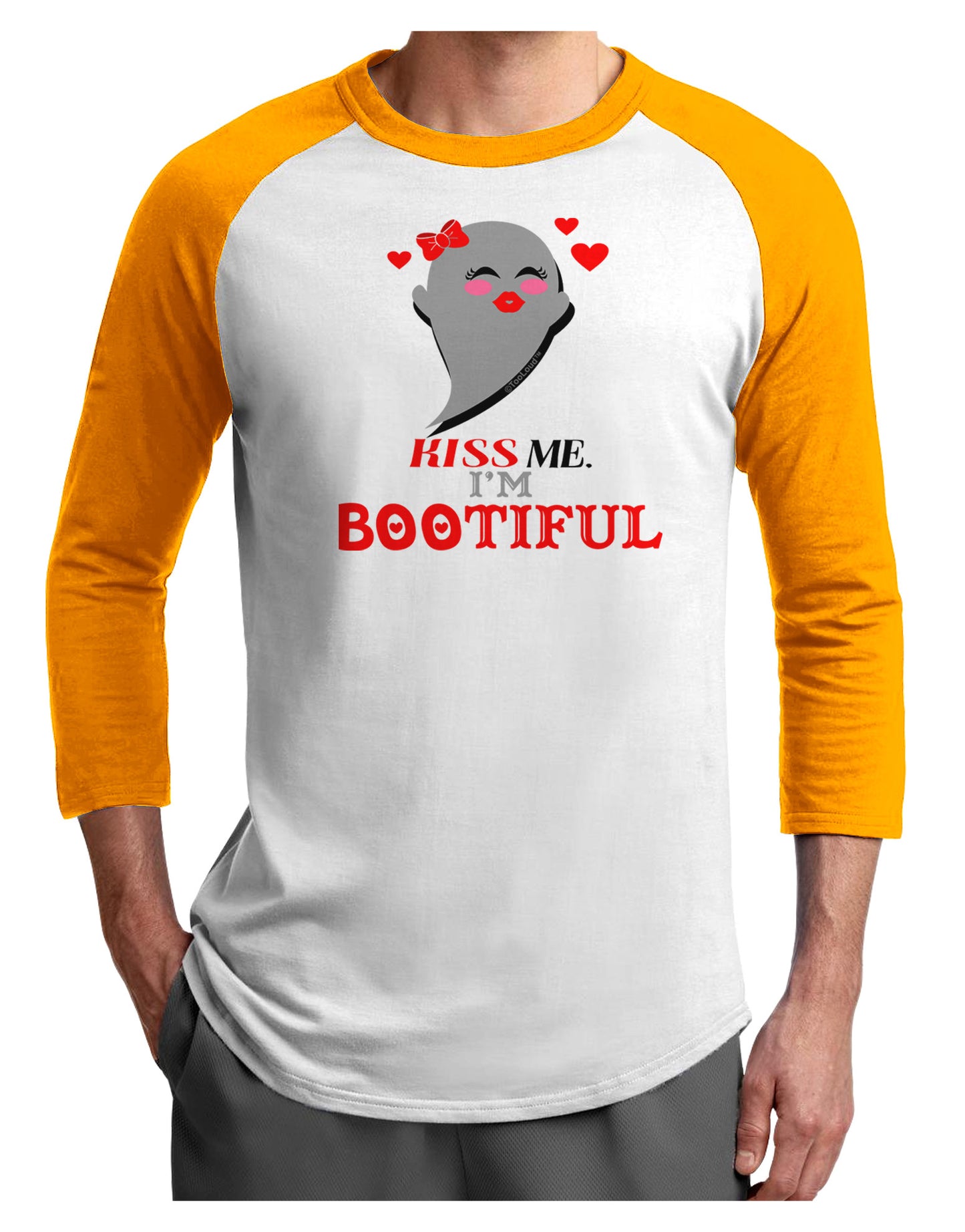 Kiss Me BOOtiful Ghost Red Adult Raglan Shirt-Raglan Shirt-TooLoud-White-Gold-X-Small-Davson Sales