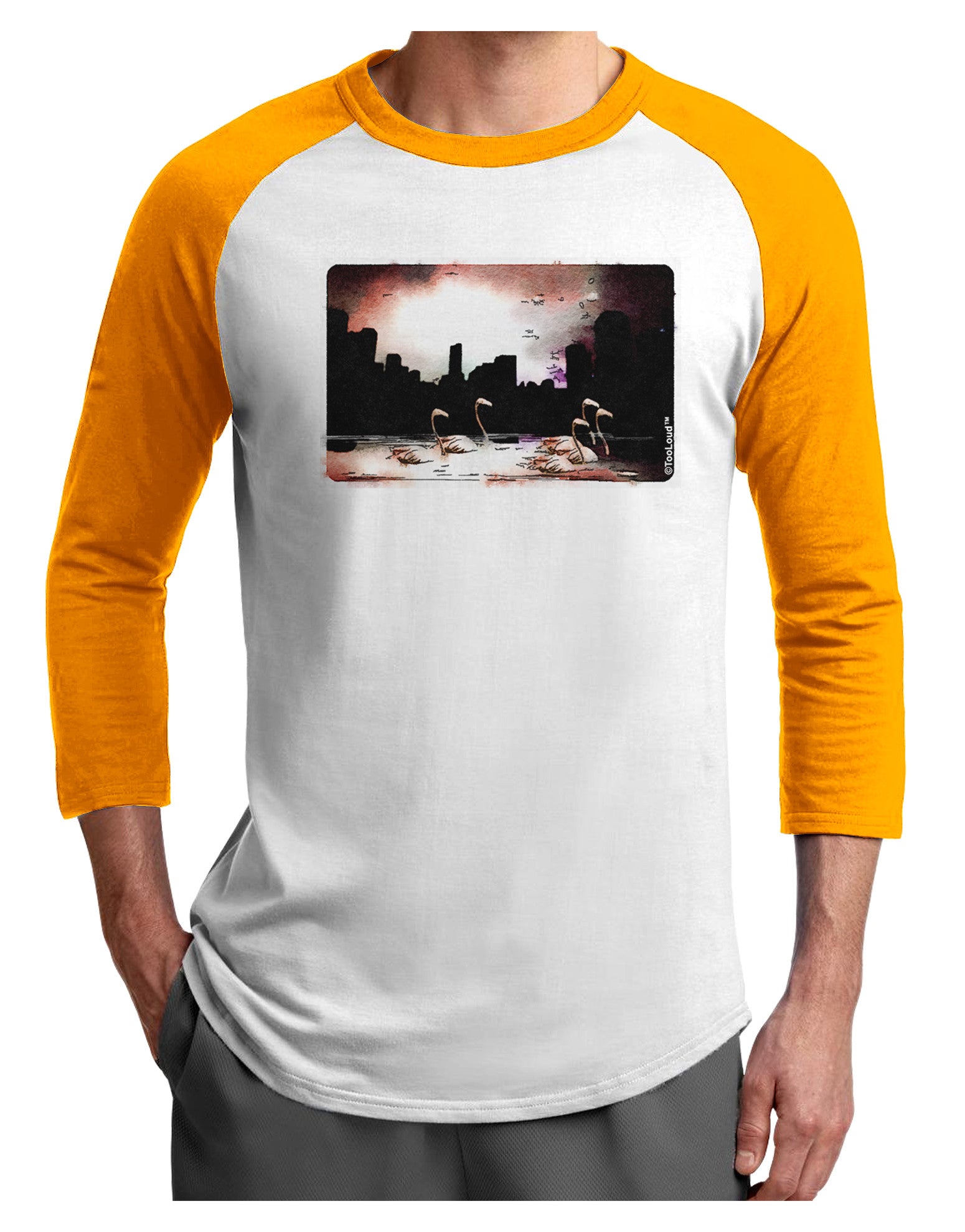 Nighttime Flamingos Adult Raglan Shirt-TooLoud-White-Gold-X-Small-Davson Sales