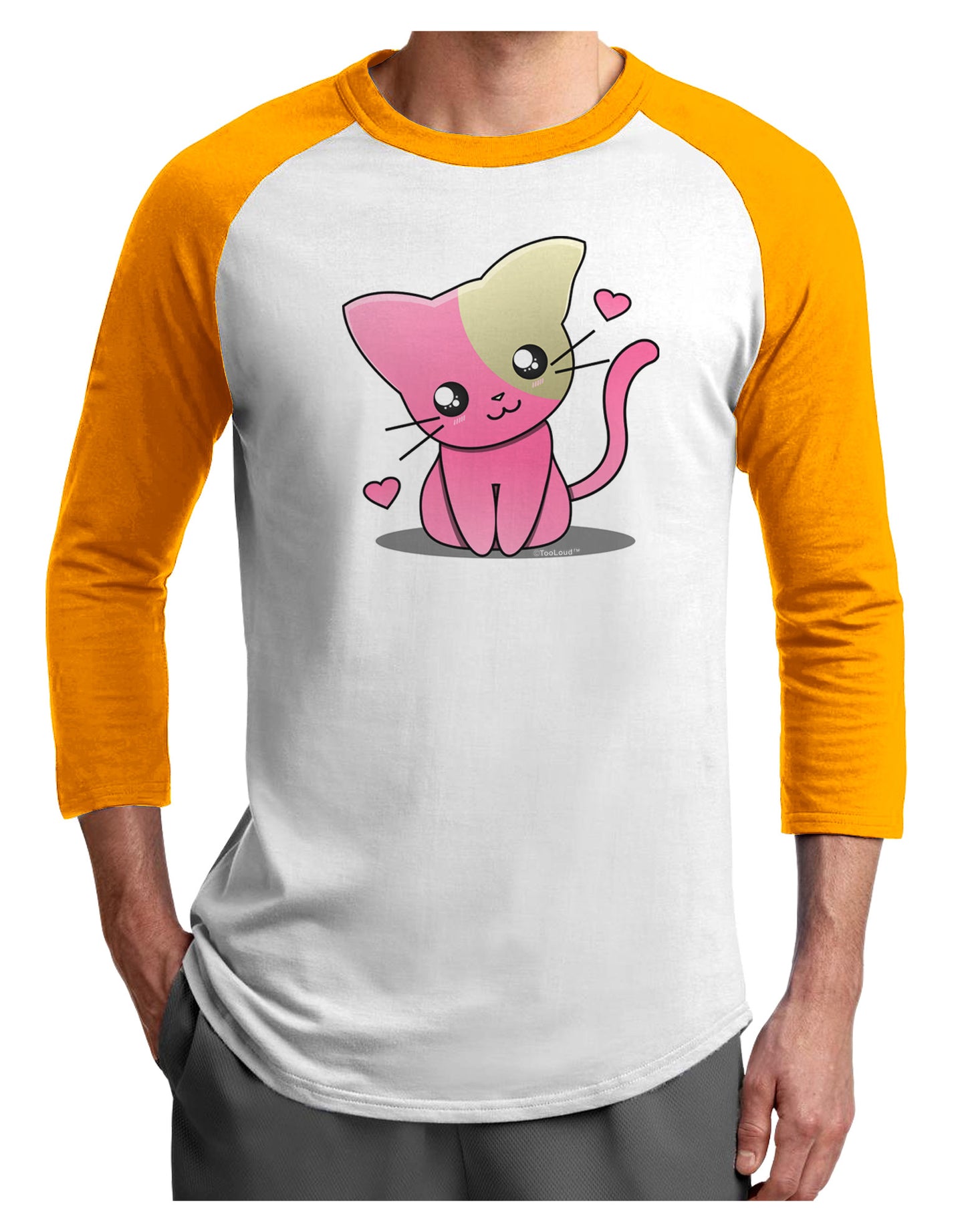 Kawaii Kitty Adult Raglan Shirt-TooLoud-White-Gold-X-Small-Davson Sales