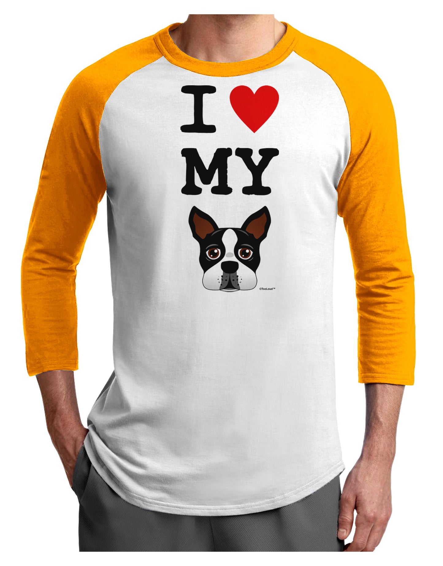 I Heart My Boston Terrier Adult Raglan Shirt-TooLoud-White-Gold-X-Small-Davson Sales