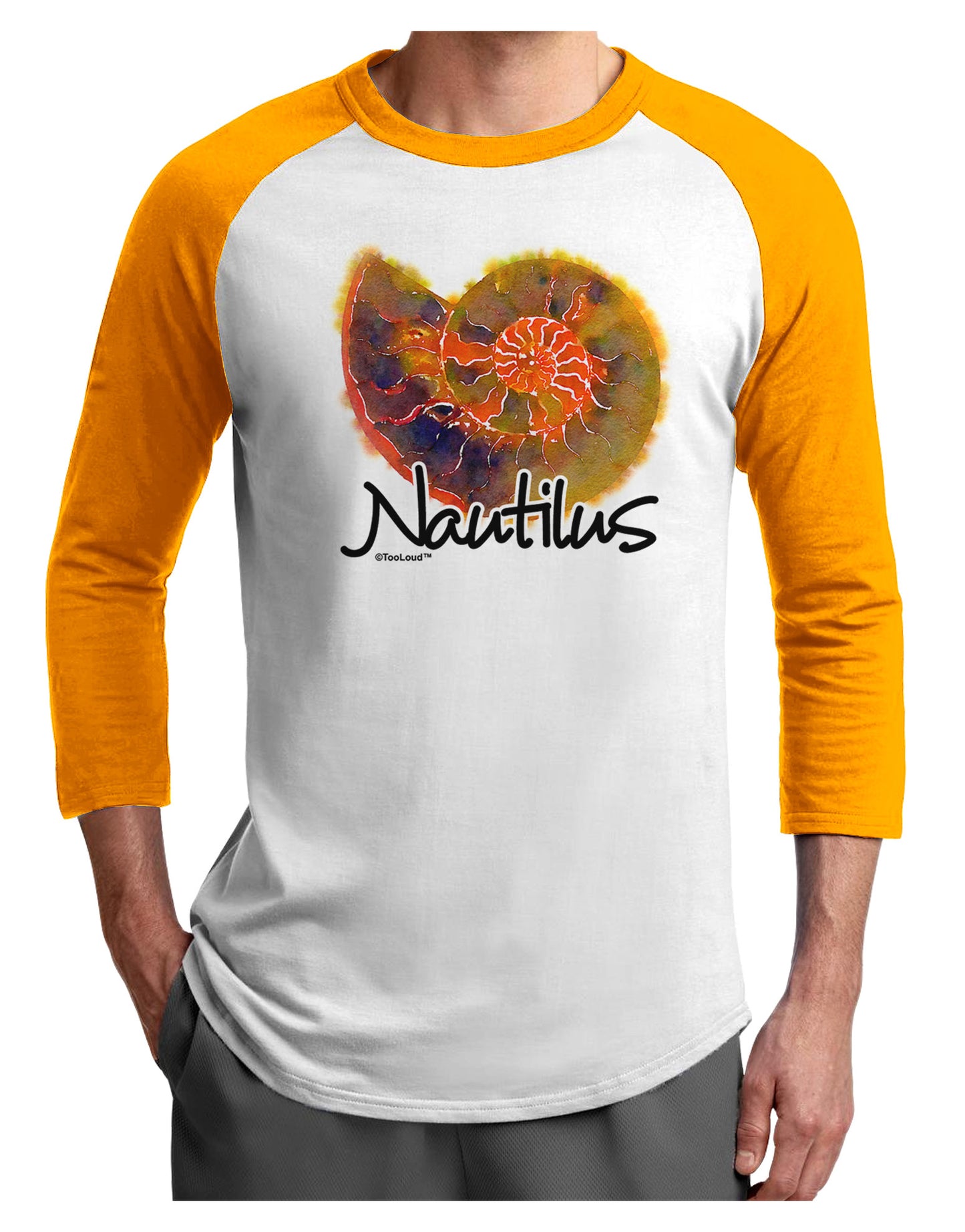 Nautilus Fossil Watercolor Text Adult Raglan Shirt-TooLoud-White-Gold-X-Small-Davson Sales