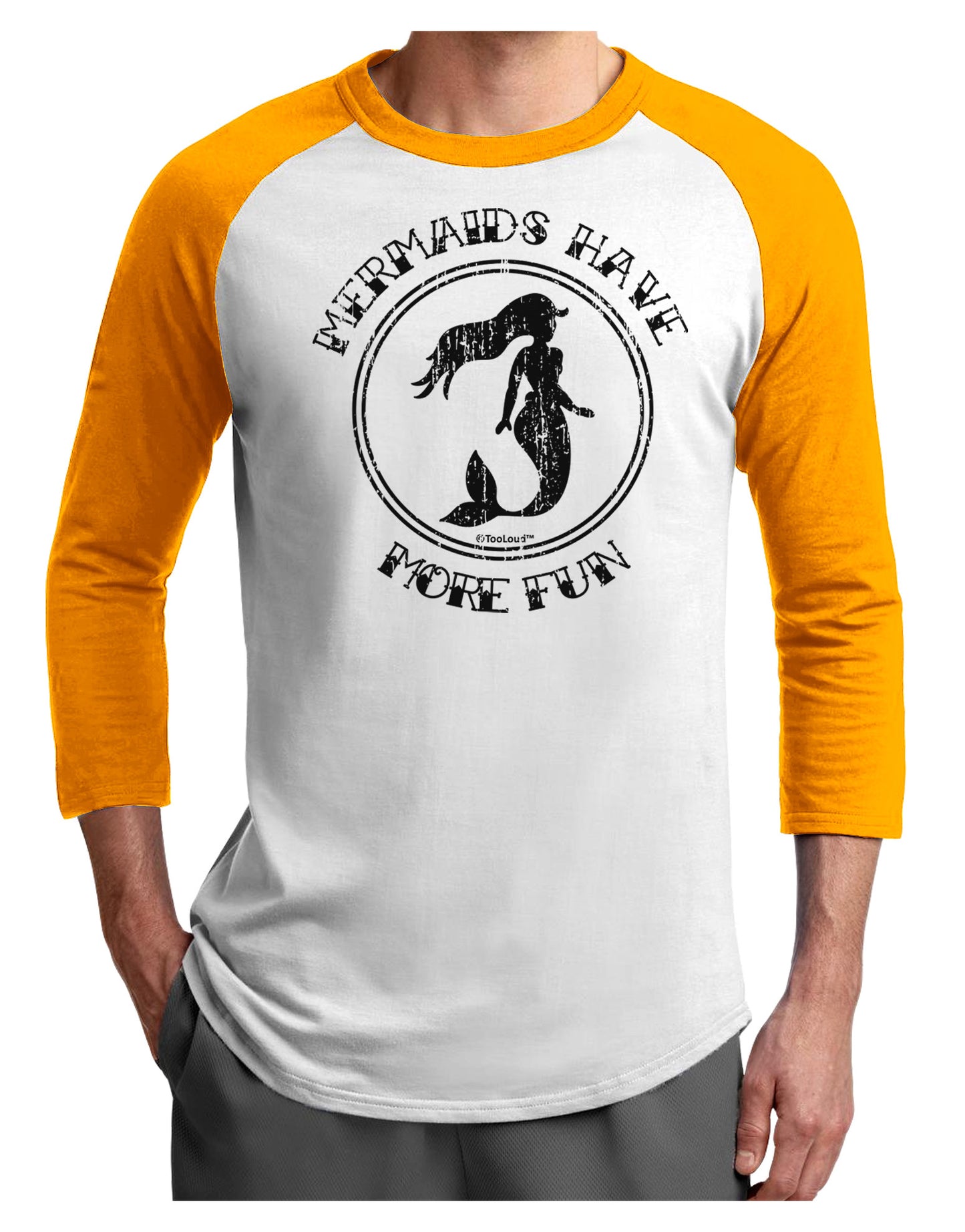 Mermaids Have More Fun - Distressed Adult Raglan Shirt-TooLoud-White-Gold-X-Small-Davson Sales