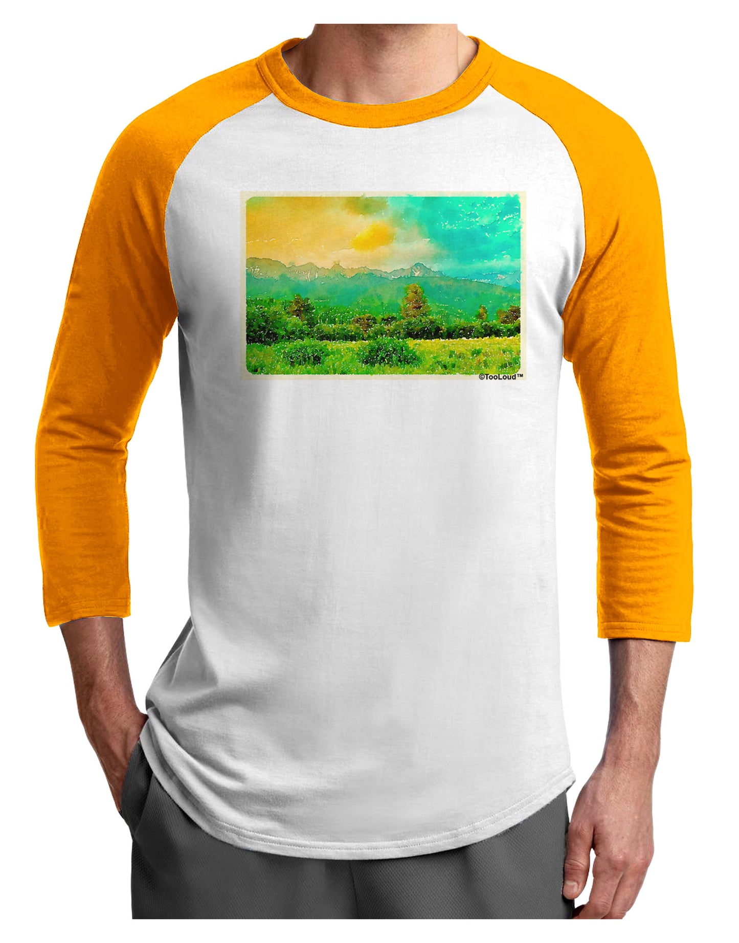 Mountain Sunset Watercolor Adult Raglan Shirt-TooLoud-White-Gold-X-Small-Davson Sales