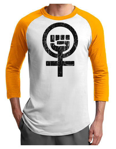 Distressed Feminism Symbol Adult Raglan Shirt-TooLoud-White-Gold-X-Small-Davson Sales