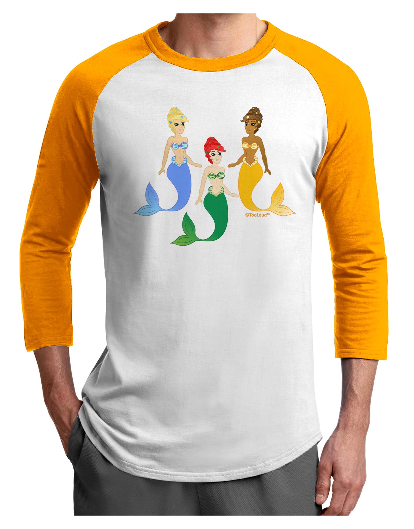 Three Mermaids Adult Raglan Shirt-TooLoud-White-Gold-X-Small-Davson Sales
