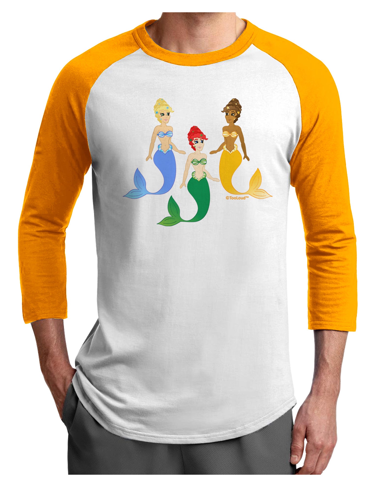 Three Mermaids Adult Raglan Shirt-TooLoud-White-Gold-X-Small-Davson Sales