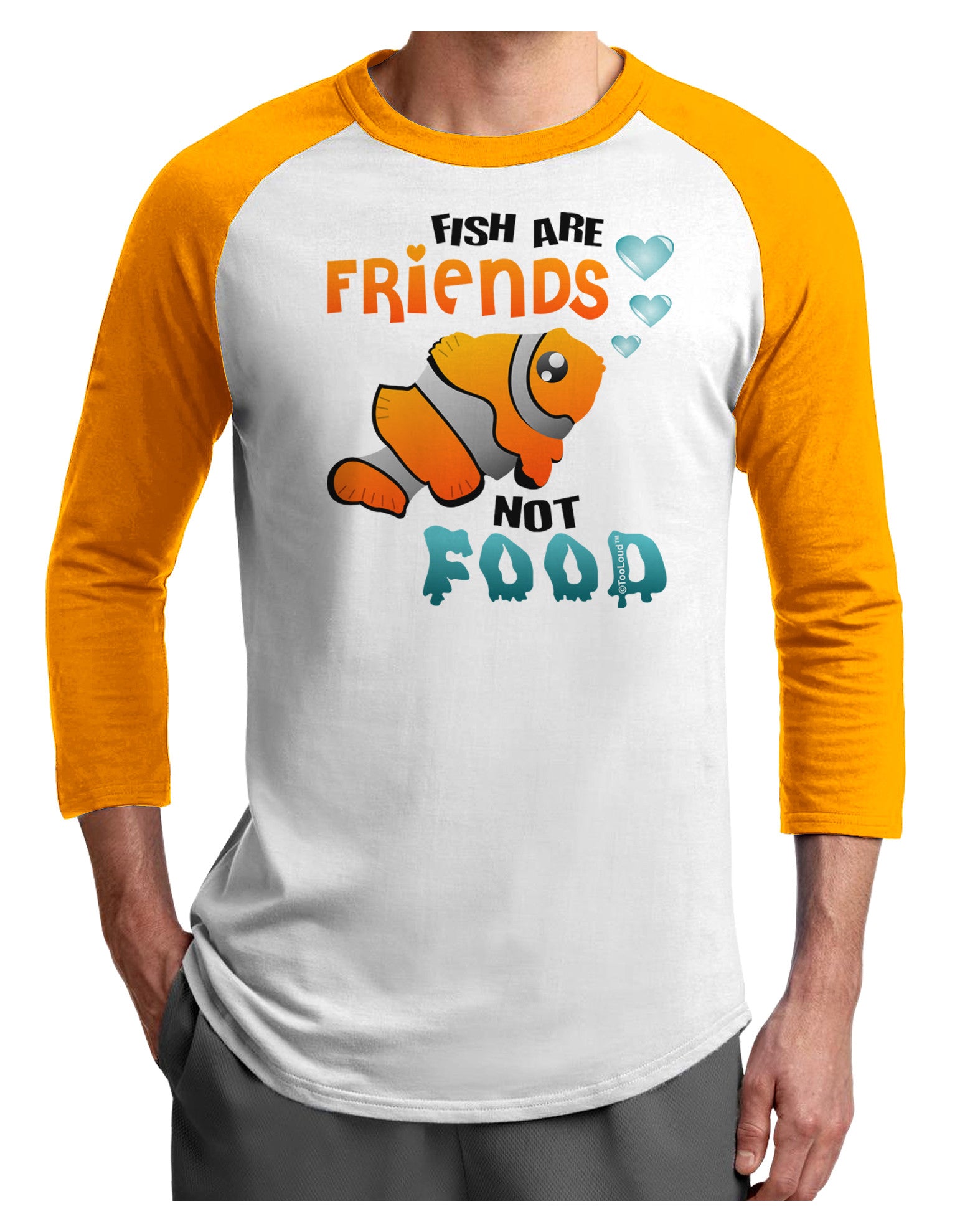 Fish Are Friends Not Food Adult Raglan Shirt-Raglan Shirt-TooLoud-White-Gold-X-Small-Davson Sales