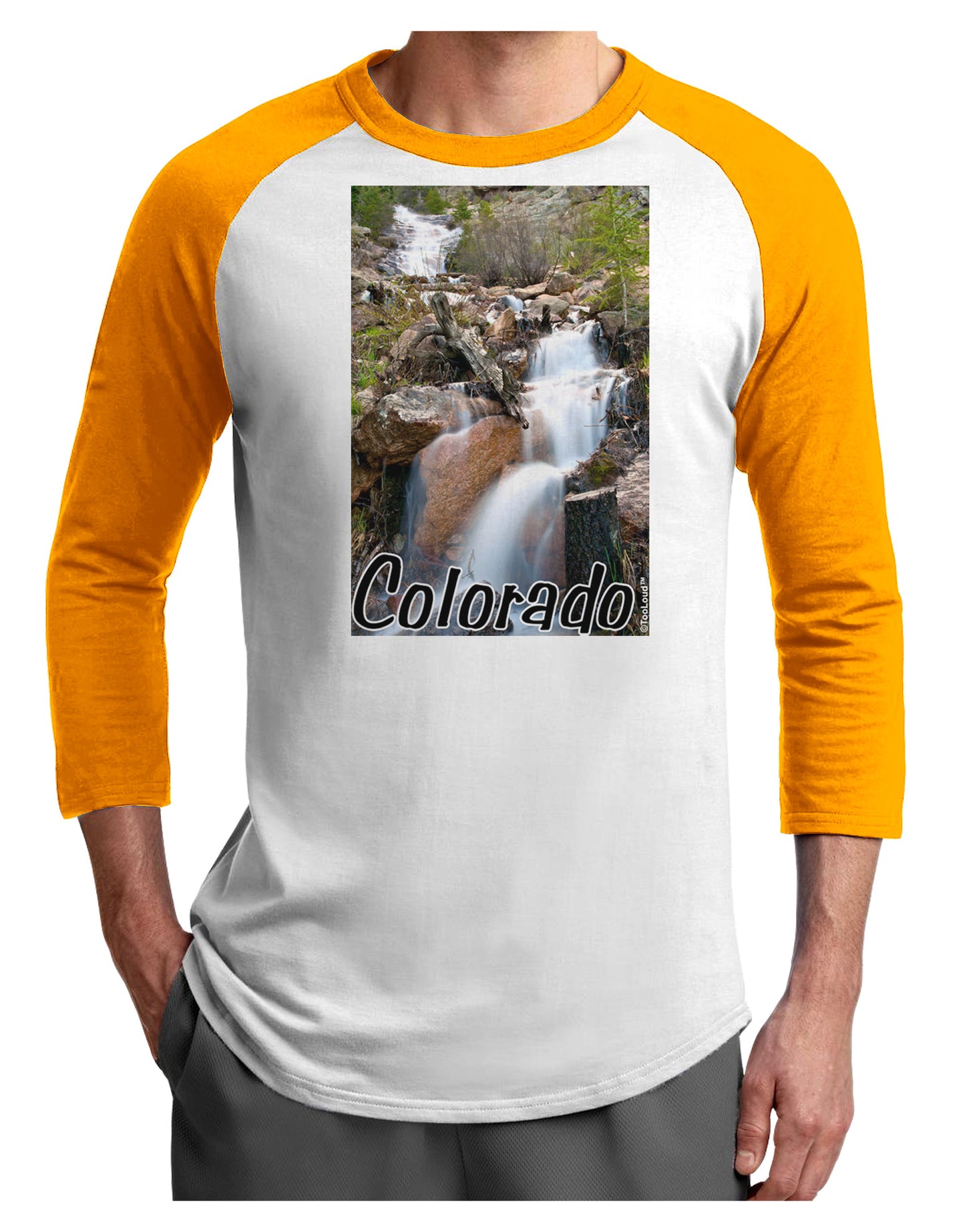 Colorado Waterfall Scene Text Adult Raglan Shirt-TooLoud-White-Gold-X-Small-Davson Sales