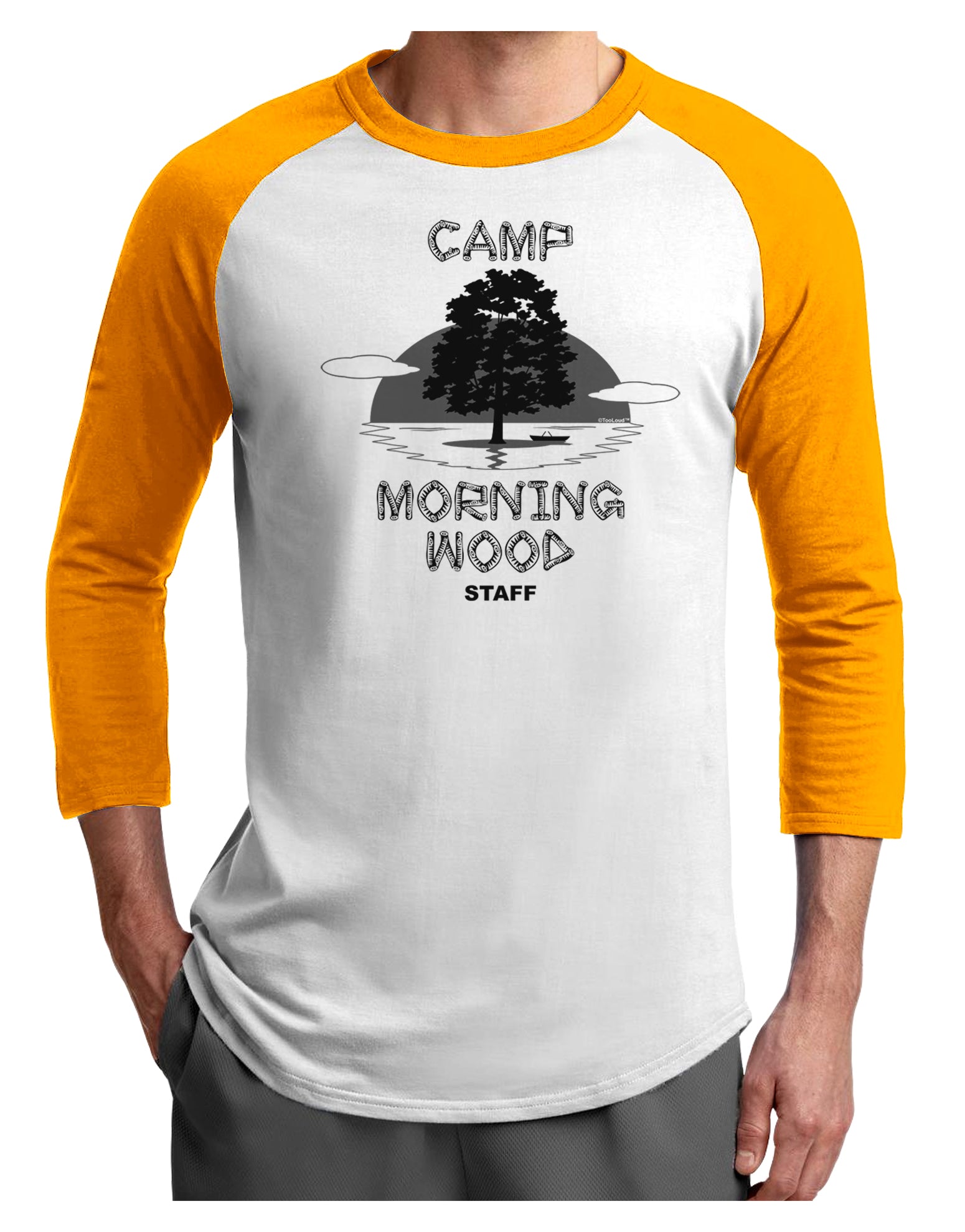 Camp Morning Wood Staff - B&W Adult Raglan Shirt-Raglan Shirt-TooLoud-White-Gold-X-Small-Davson Sales