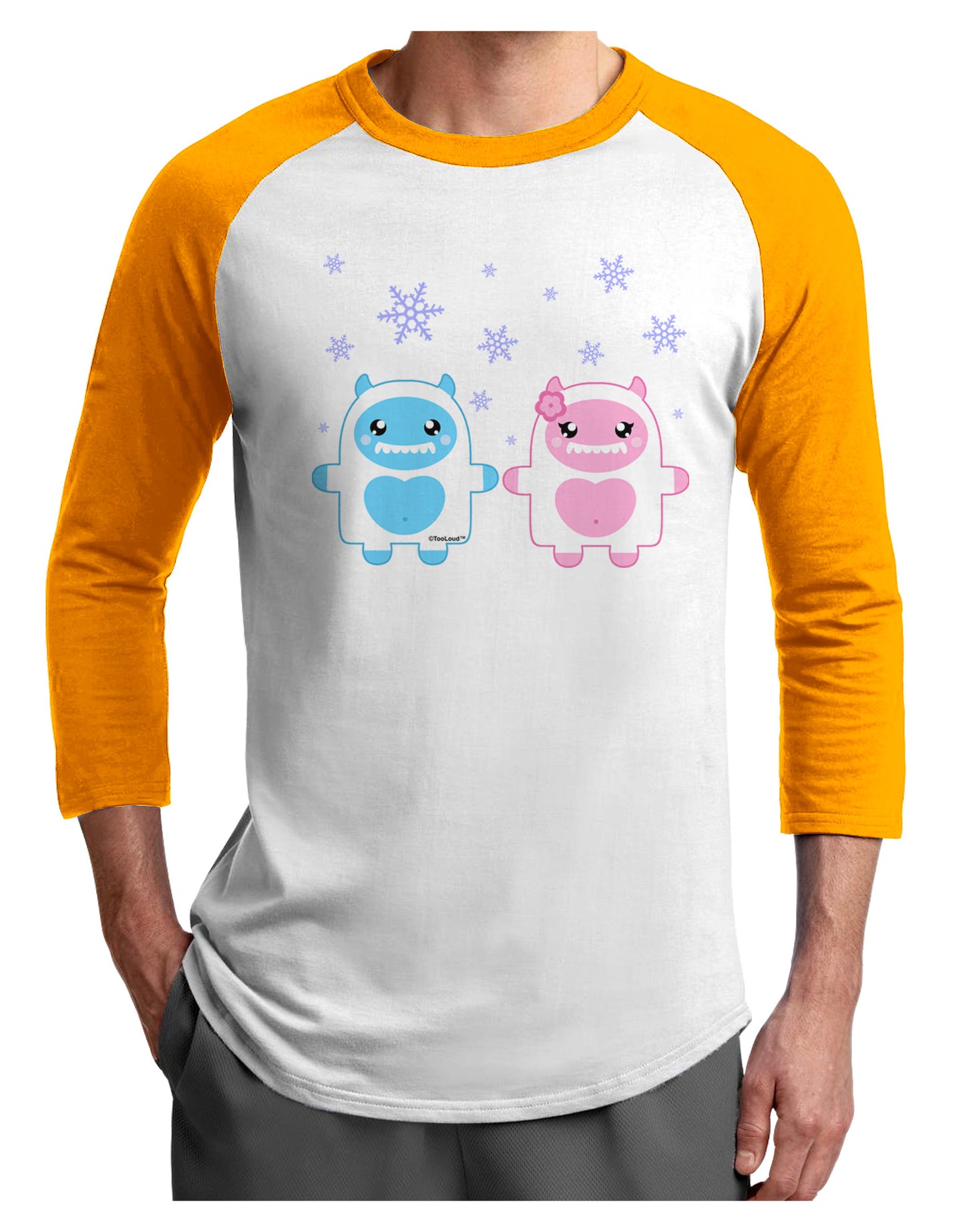 Cute Abominable Snowman Yeti Couple - Christmas Adult Raglan Shirt-TooLoud-White-Gold-X-Small-Davson Sales