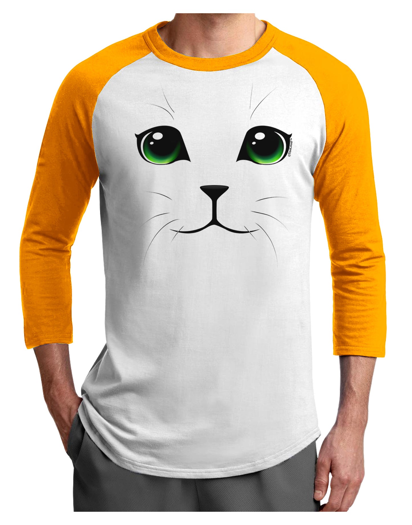Green-Eyed Cute Cat Face Adult Raglan Shirt-TooLoud-White-Gold-X-Small-Davson Sales