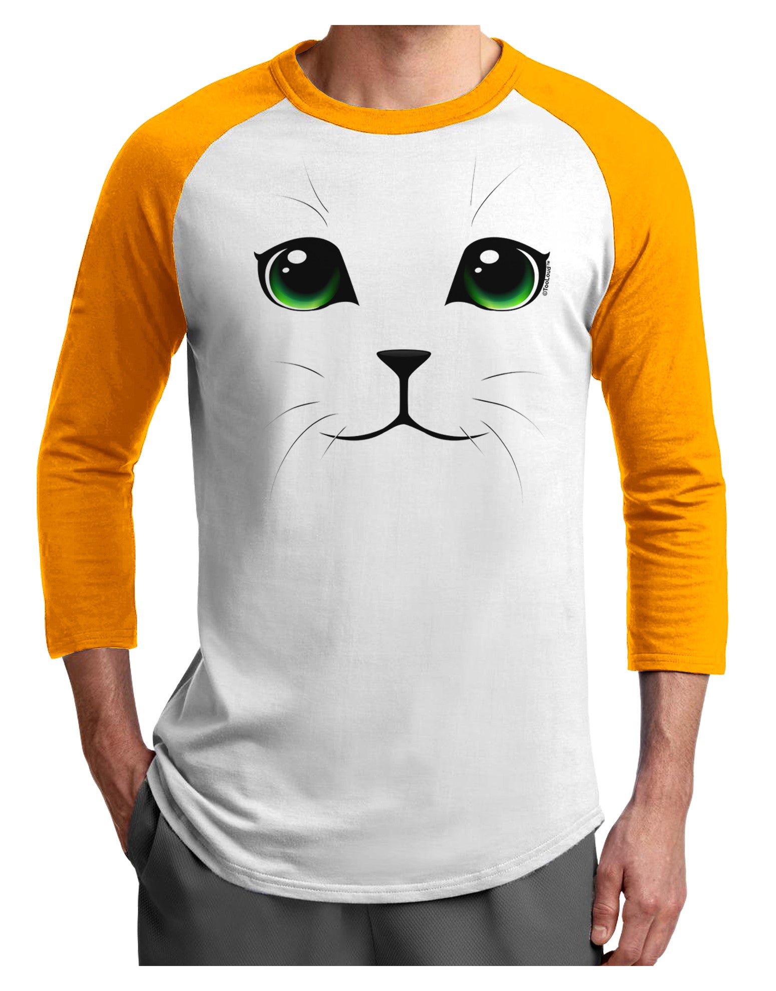 Green-Eyed Cute Cat Face Adult Raglan Shirt-TooLoud-White-Gold-X-Small-Davson Sales
