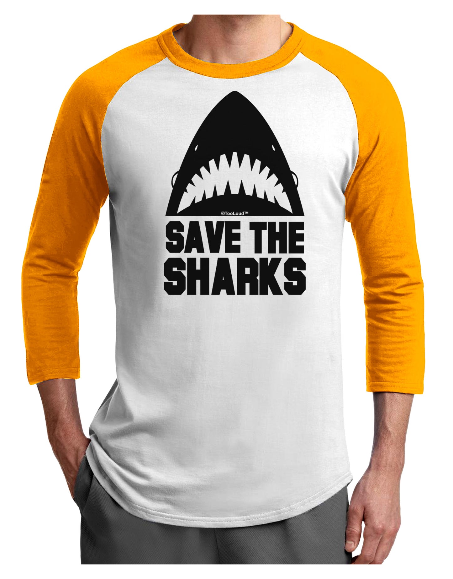 Save The Sharks Adult Raglan Shirt-TooLoud-White-Gold-X-Small-Davson Sales