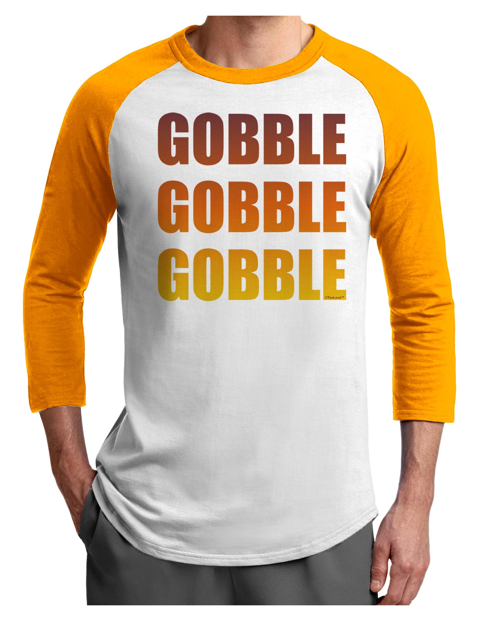 Gobble Gobble Gobble - Thanksgiving Adult Raglan Shirt-TooLoud-White-Gold-X-Small-Davson Sales