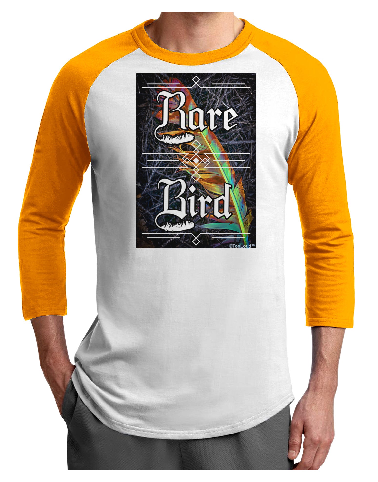 Rare Bird - Colorful Feather Adult Raglan Shirt-Raglan Shirt-TooLoud-White-Gold-X-Small-Davson Sales