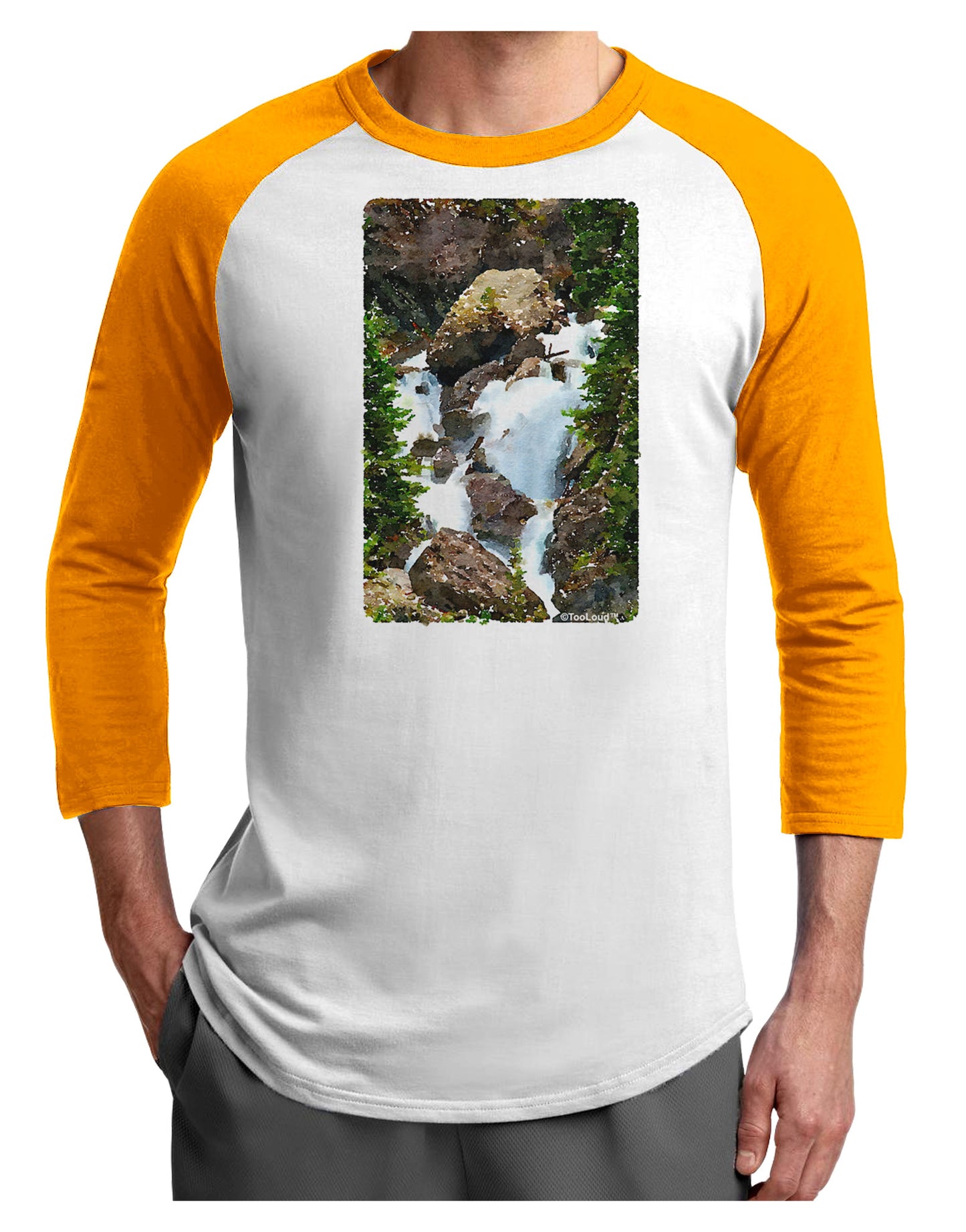 TooLoud Waterfall Watercolor Adult Raglan Shirt-TooLoud-White-Gold-X-Small-Davson Sales