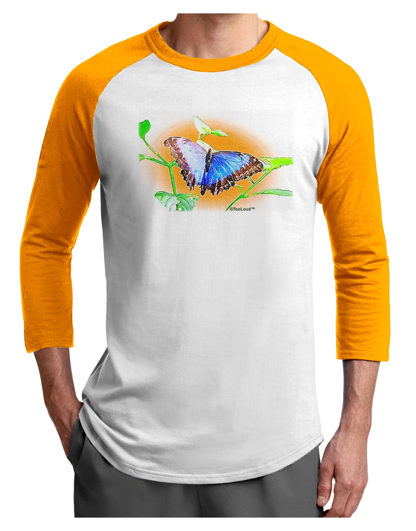 Blue Watercolor Butterfly Adult Raglan Shirt-TooLoud-White-Gold-X-Small-Davson Sales