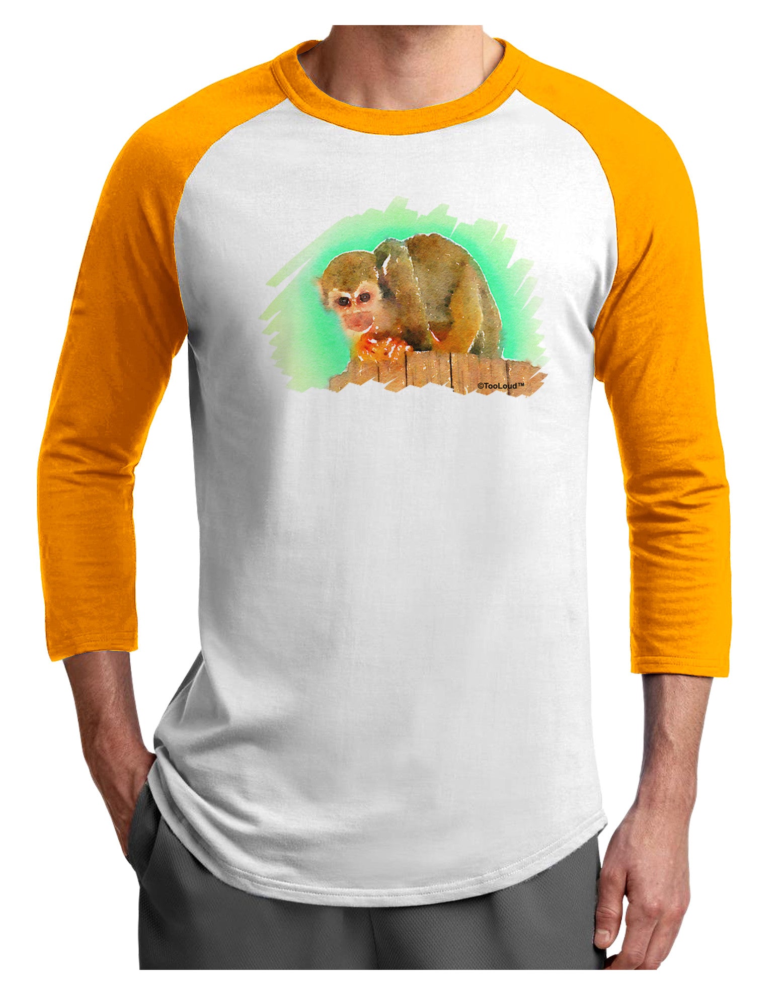 Squirrel Monkey Watercolor Adult Raglan Shirt-TooLoud-White-Gold-X-Small-Davson Sales