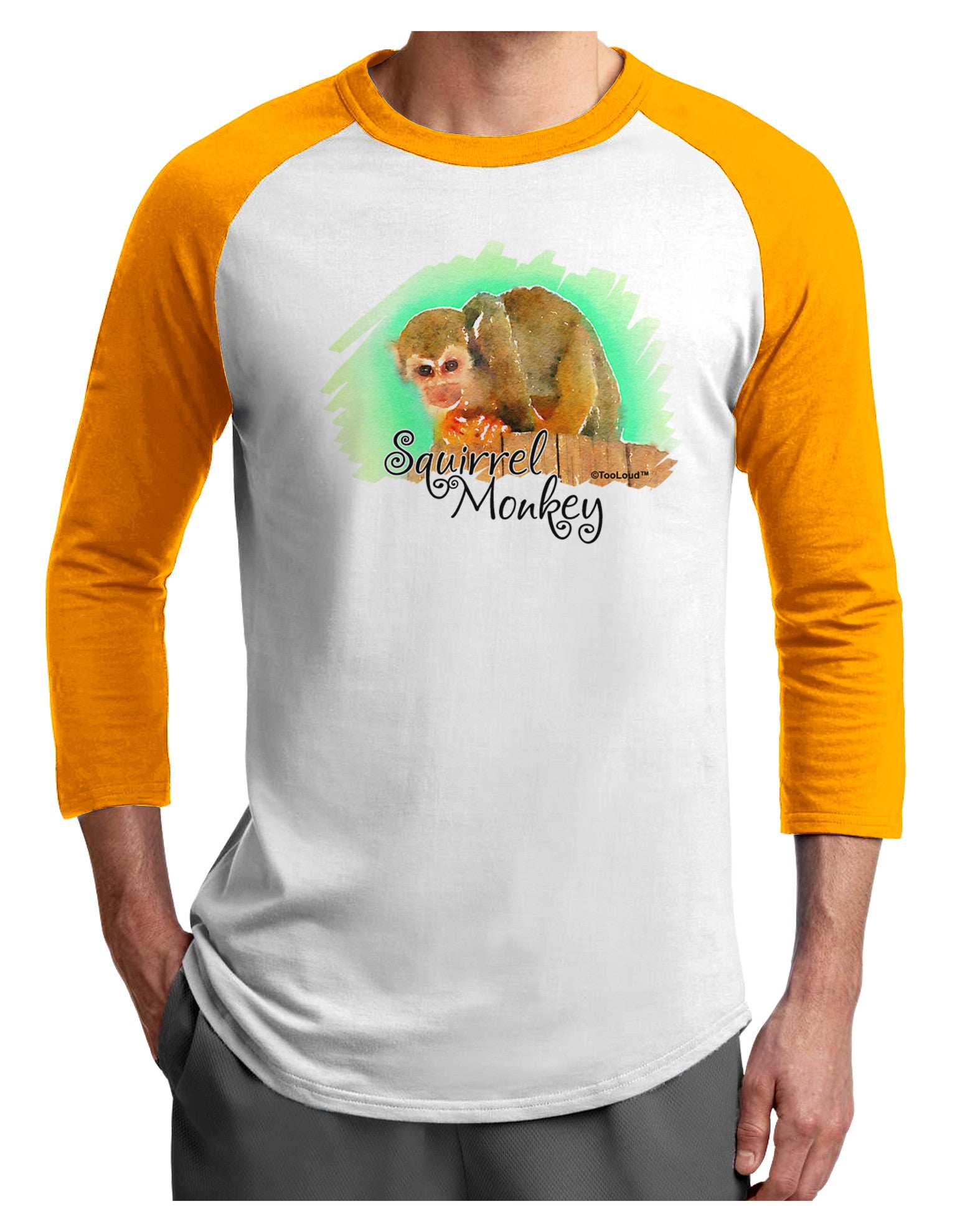 Squirrel Monkey Watercolor Text Adult Raglan Shirt-TooLoud-White-Gold-X-Small-Davson Sales